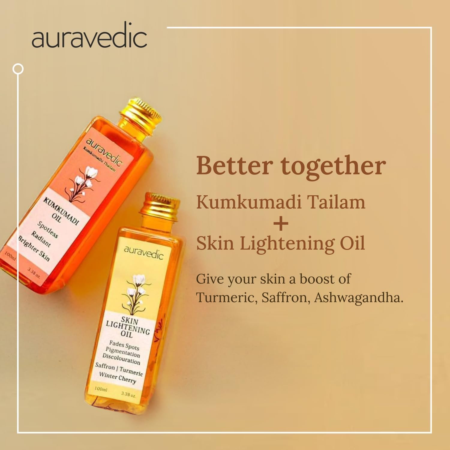 Auravedic Kumkumadi Oil For Face 100ml & Ashwagandha Saffron Turmeric Pigmentation Serum100ml Kumkumadi Tailam Face Oil Body Oil After Bath For Daily Use – view 8