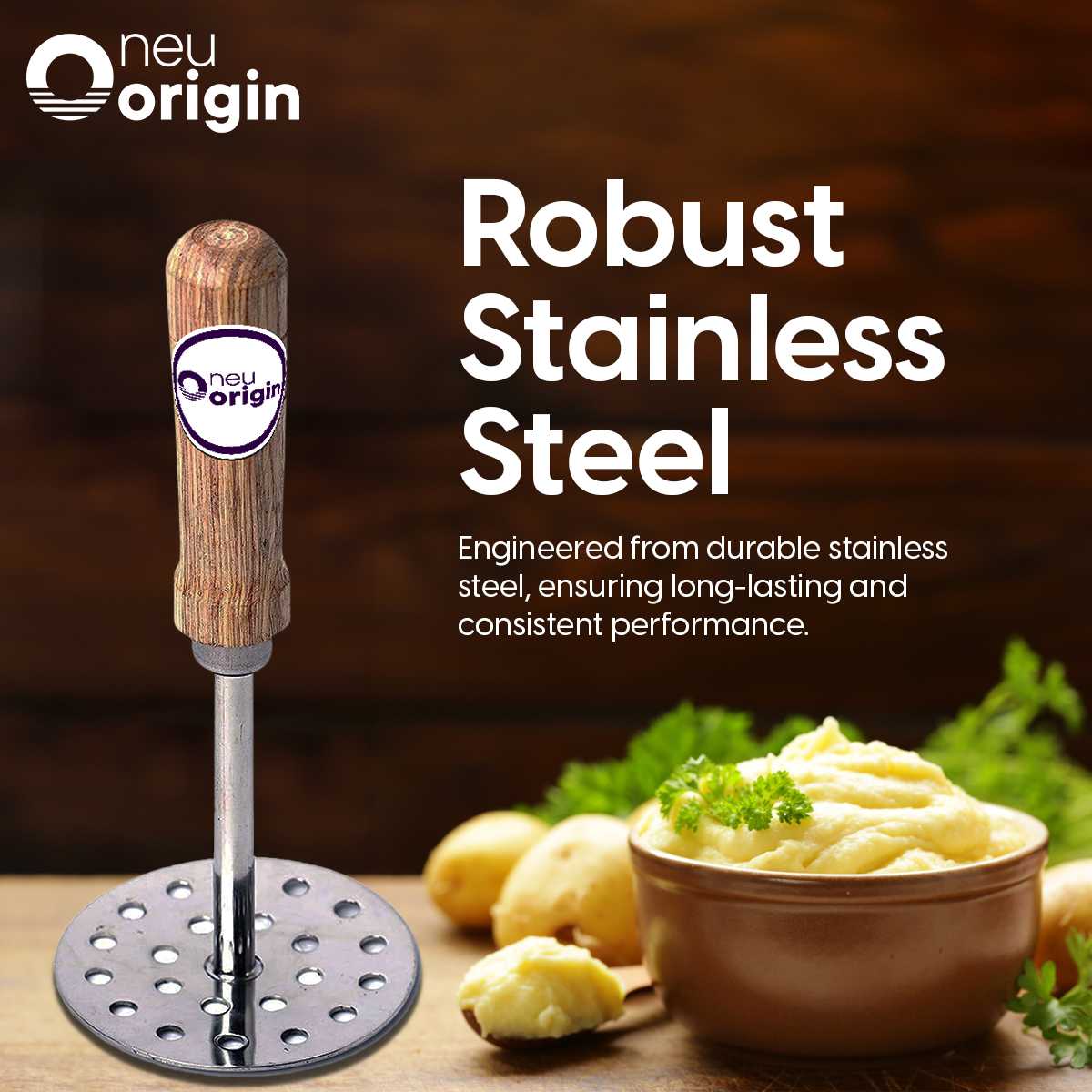 NeuOrigin 8.6 Inch Stainless Steel Masher with Wooden Handle - Versatile Kitchen Tool for Ground Beef, Potatoes, Avocado, Vegetables, Fruits - Ideal for Baby Food Preparation & Meat Mashing – view 4