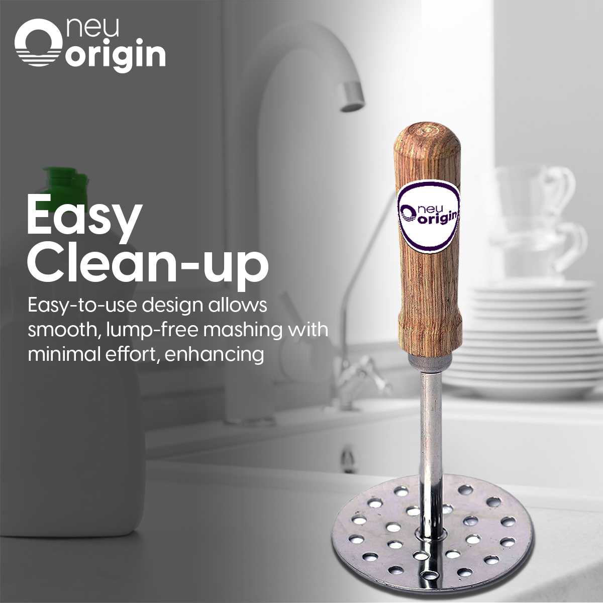 NeuOrigin 8.6 Inch Stainless Steel Masher with Wooden Handle - Versatile Kitchen Tool for Ground Beef, Potatoes, Avocado, Vegetables, Fruits - Ideal for Baby Food Preparation & Meat Mashing – view 6