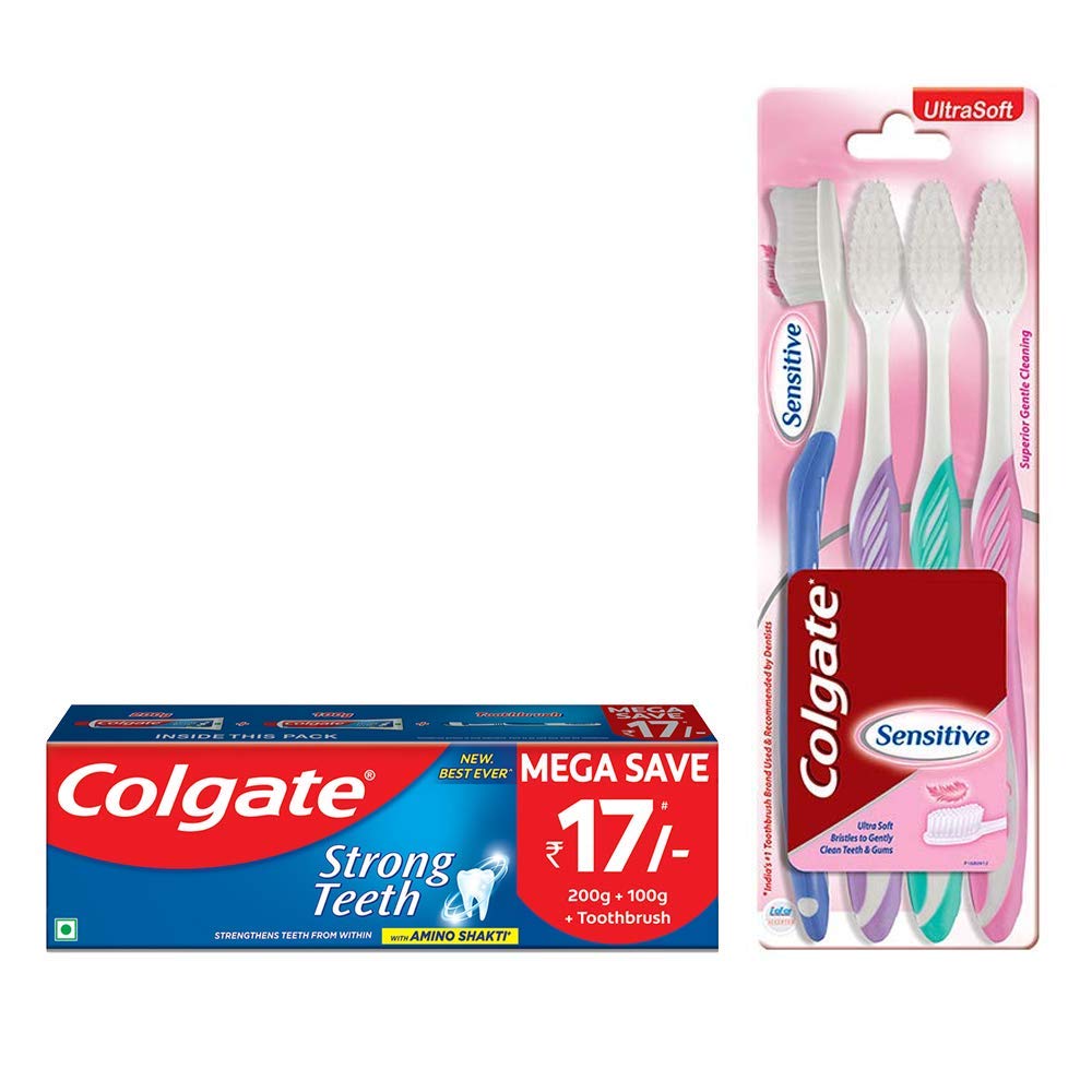 Colgate Strong Teeth toothpaste combo with four sensitive toothbrushes