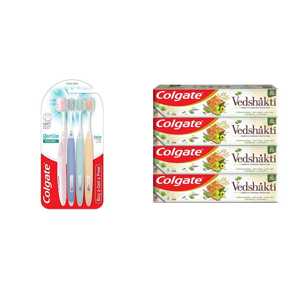 Colgate Gentle Enamel Ultra Soft Toothbrush - 4 Pcs (Buy 2 Get 2 Free) & Colgate Swarna Vedshakti Ayurvedic Toothpaste with anti-germ properties for whole mouth protection - 4 x 200gm – view 1