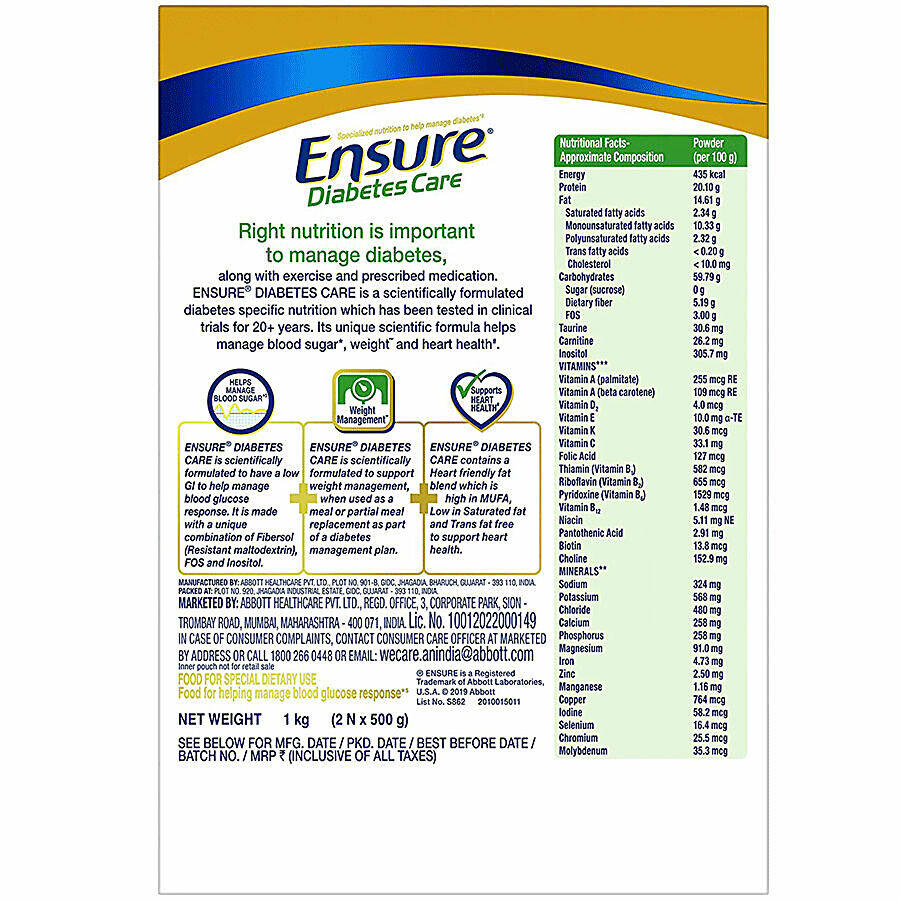 Abbott Ensure Diabetes Care Nutrition Drink - Helps Control Blood Sugar Levels, Vanilla Flavour 375 g – view 2
