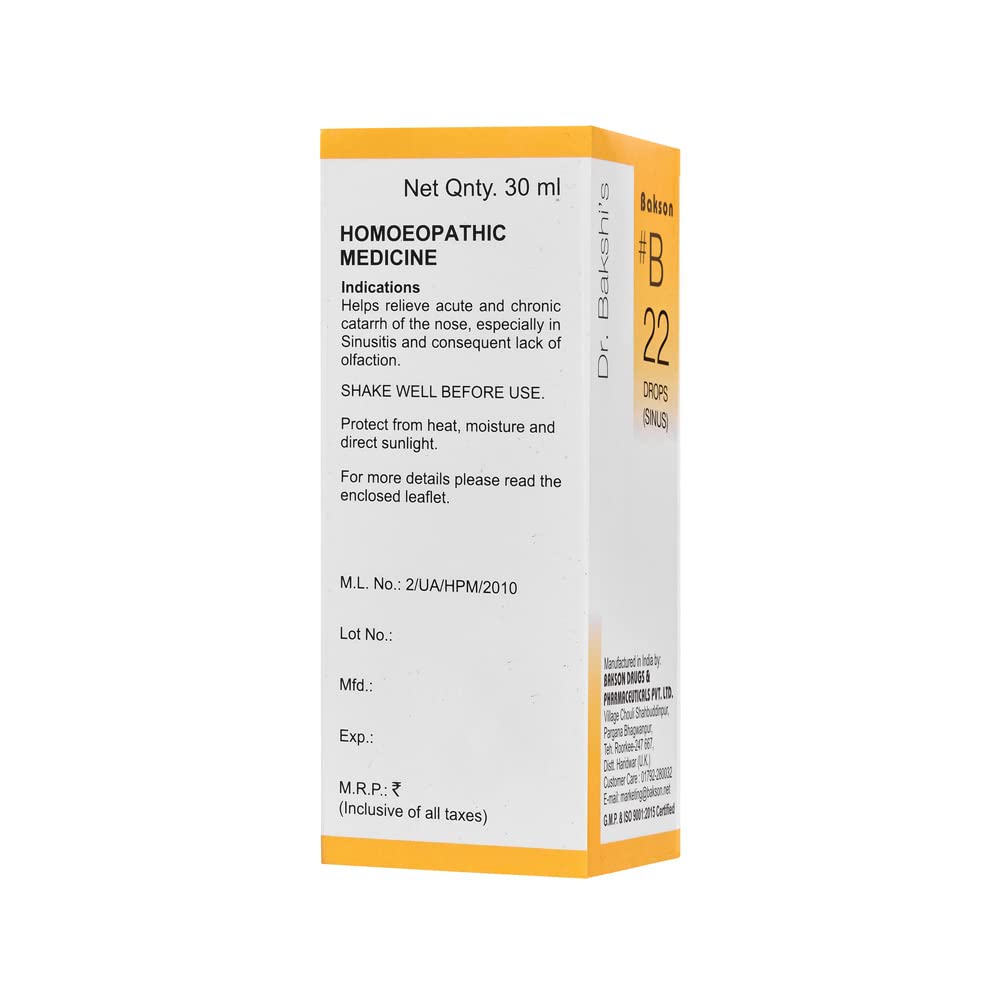 Dr. Bakshi's BAKSON'S HOMOEOPATHY # B 22 Sinus Drops (30 ml) – view 2