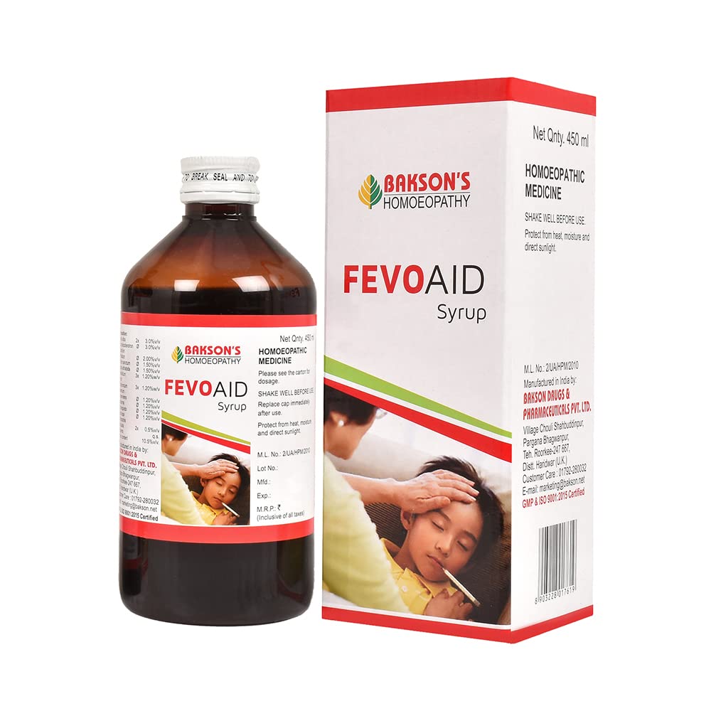 Front-facing Bakson's Fevo Aid Syrup 450 ml packaged bottle