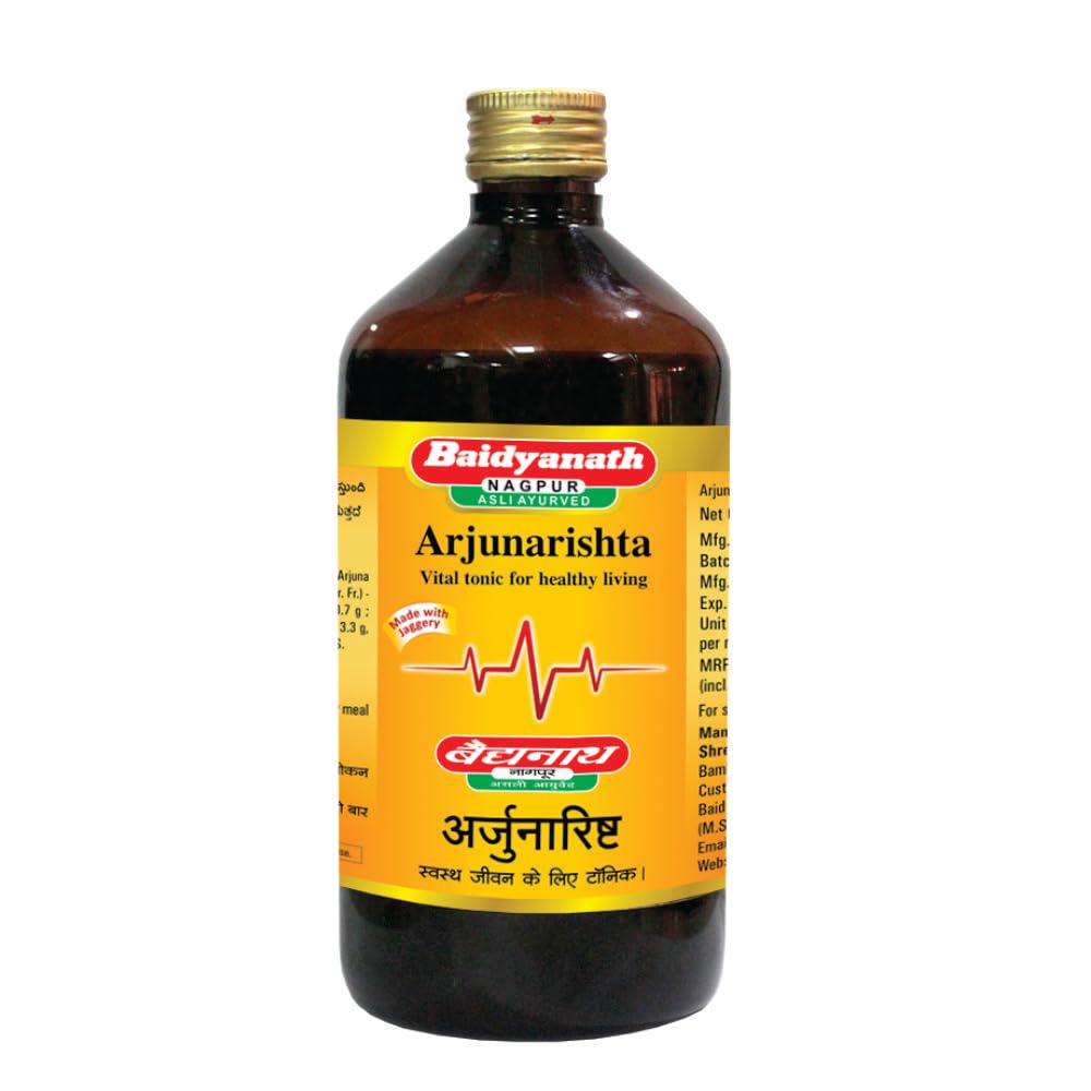 Front bottle of Baidyanath Arjunarishta Ayurvedic syrup 450 ml