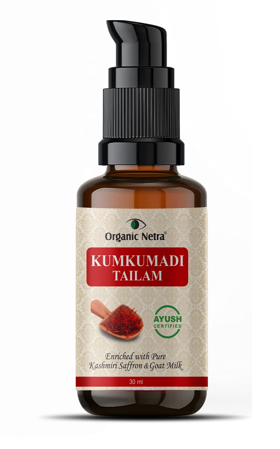 Organic Netra Ayurvedic Kumkumadi Tailam, Face Oil for Glowing Skin|Enriched with Pure Kashmiri Saffron & Goat Milk |Reduces Pigmentation and Fades Dark Spot| Enriched with Vitamin E -30ml (Pack of 1)