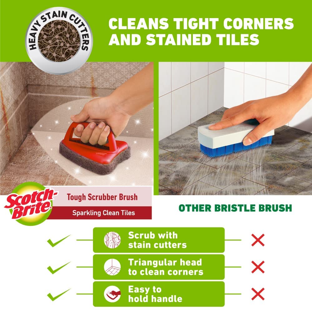 Scotch-Brite Bathroom Tile Scrubber Brush- Cleans Tiles, Hard to Reach Corners, Floors, Tough Stain Removal, Ergonomic Handle for Excellent Grip, Triangular Head for Easy Cleaning (Pack of 2) – view 3
