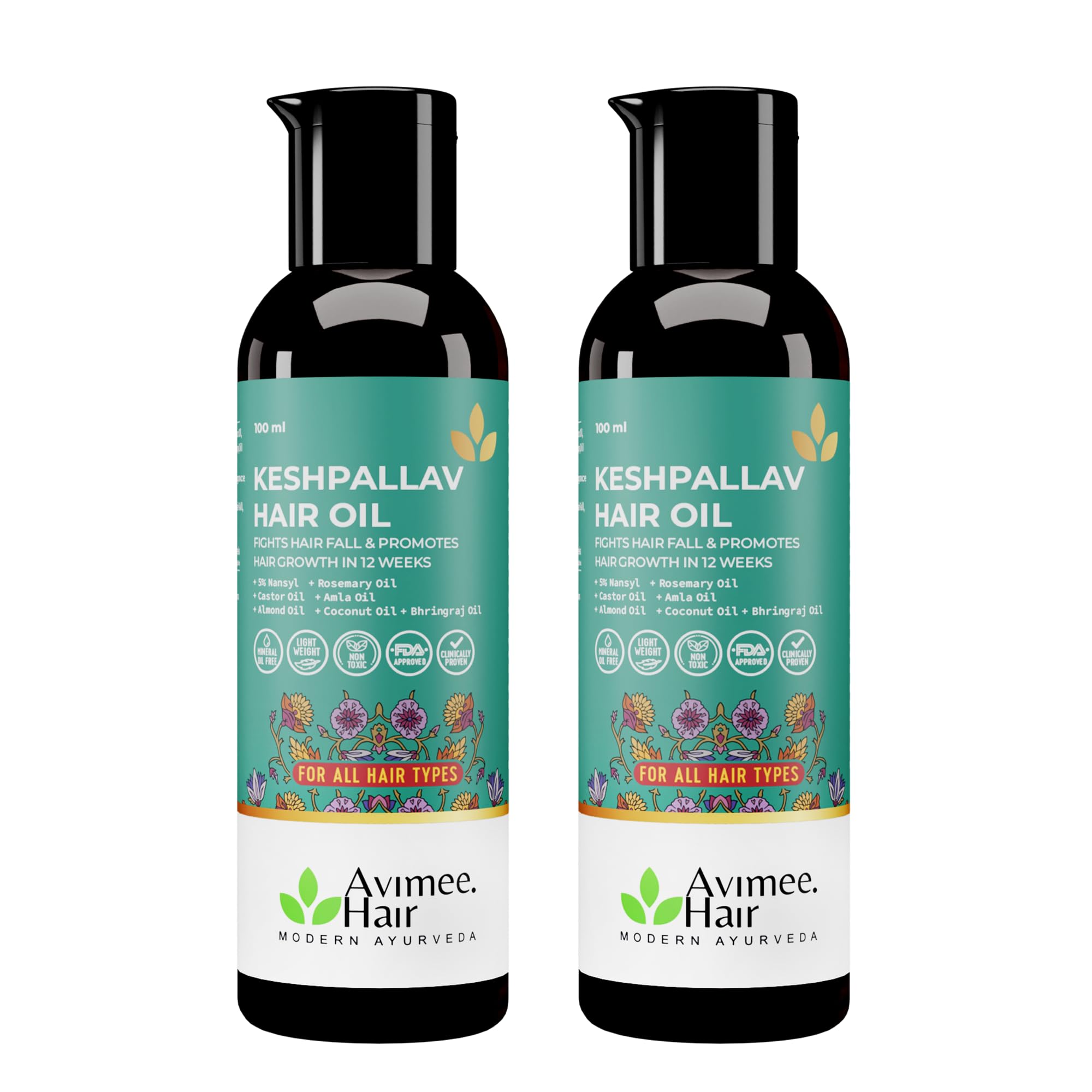 Avimee Herbal Keshpallav Hair Oil for Hair Growth | For Both Men & Women | Helps to reduce Hair Fall | With Rosemary, Castor, Amla, Coconut and Bhringraj Oil | Mineral Oil Free (Pack of 2)