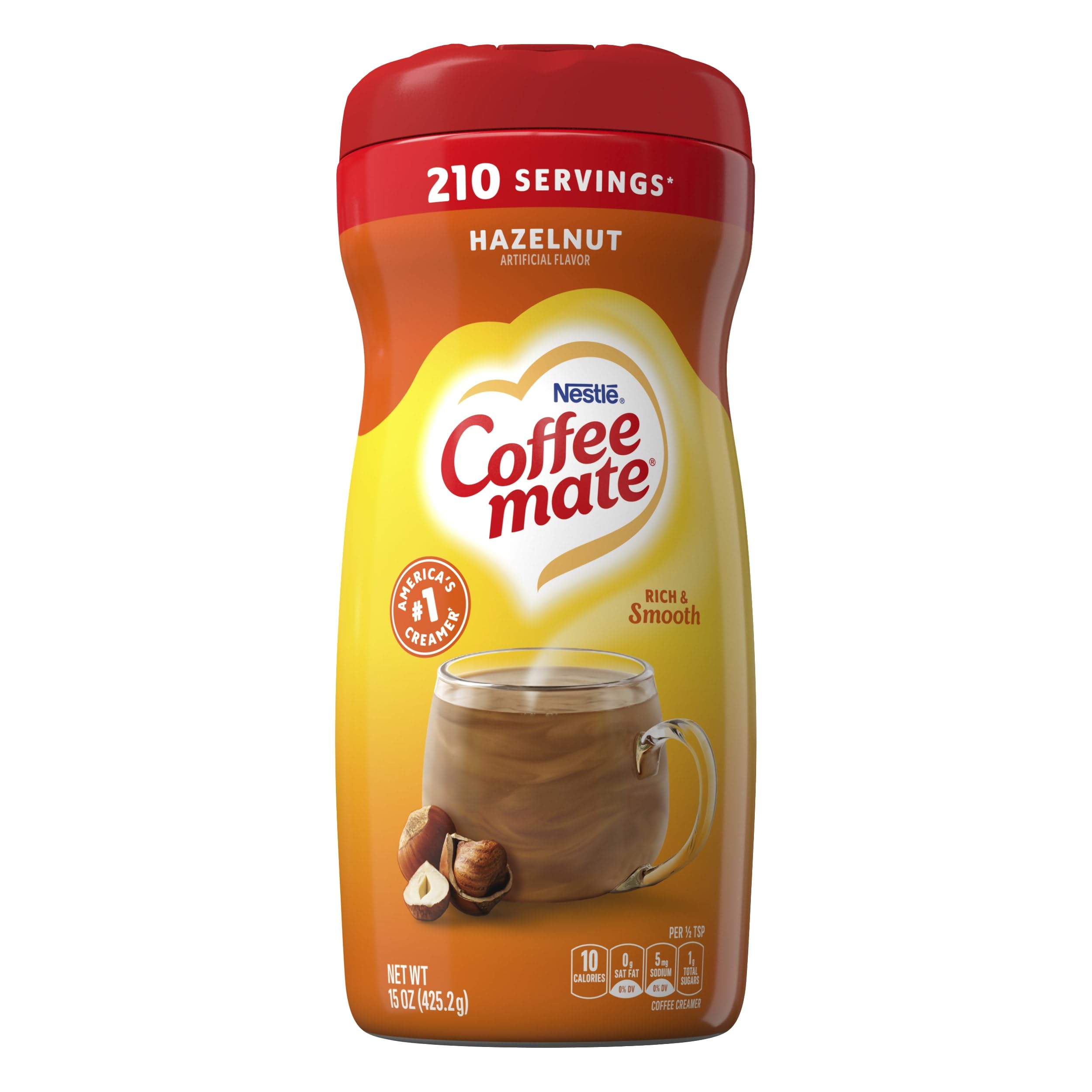 Hazelnut flavored Coffee Mate jar for smooth, creamy coffee