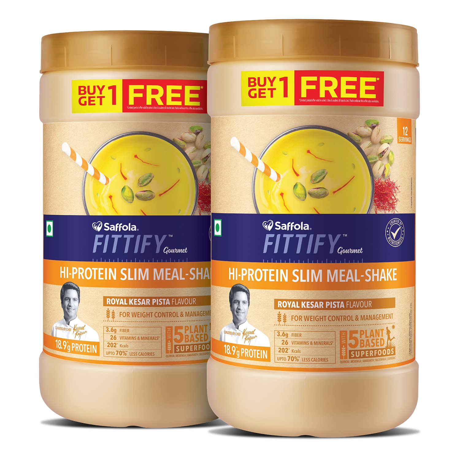 Saffola FITTIFY Gourmet HI PROTEIN SLIM MEAL-SHAKE Royal Kesar Pista Buy 1 Get 1 Free 420 gm (12 servings) – view 2