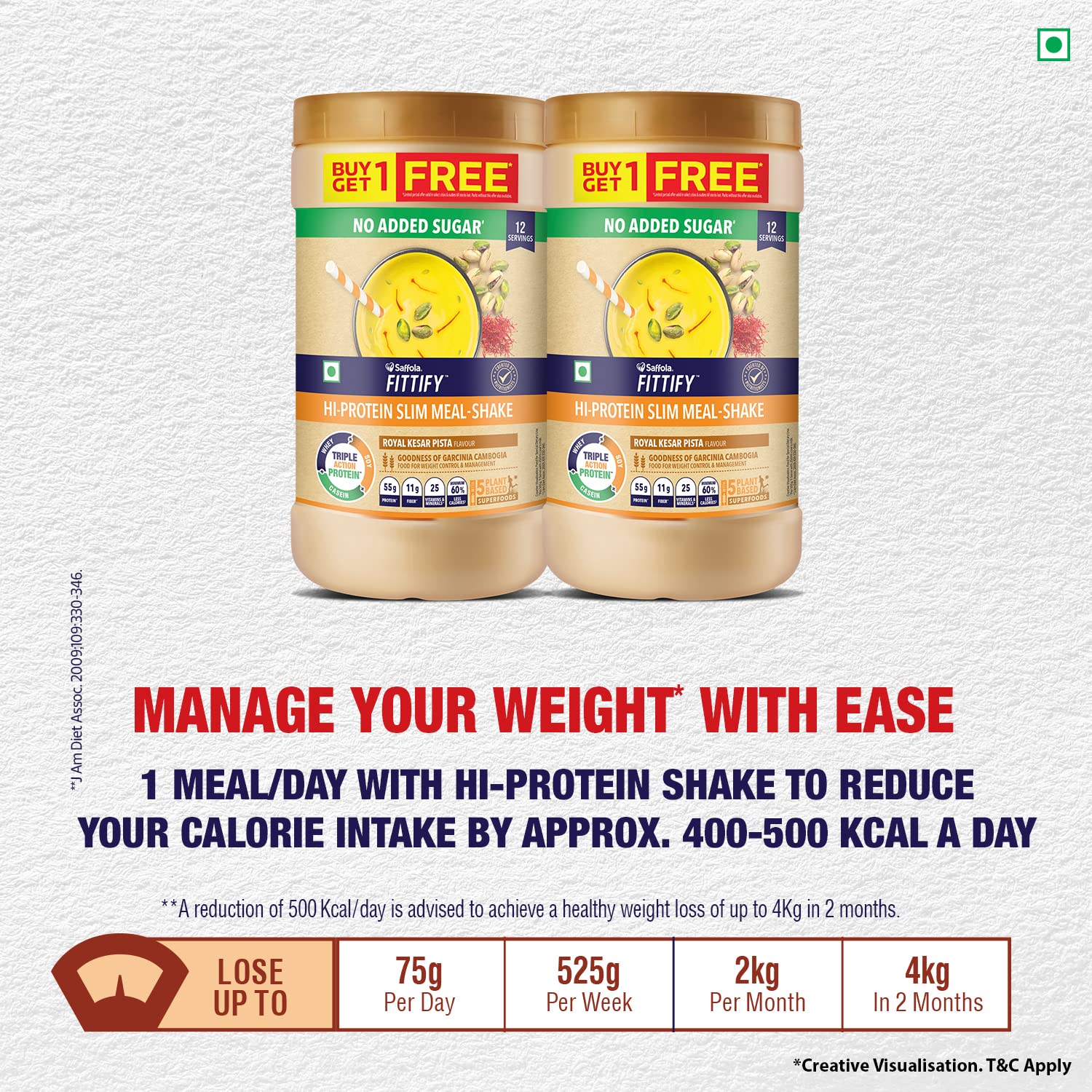 Saffola FITTIFY Gourmet HI PROTEIN SLIM MEAL-SHAKE Royal Kesar Pista Buy 1 Get 1 Free 420 gm (12 servings) – view 6