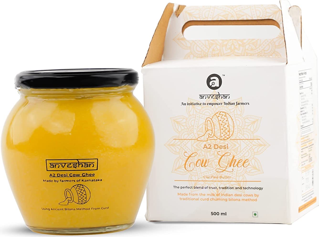 Anveshan A2 Cow Ghee 500 ml | Glass Jar | Bilona Method | Curd-Churned |Pure, Natural & Healthy | Lab Tested.