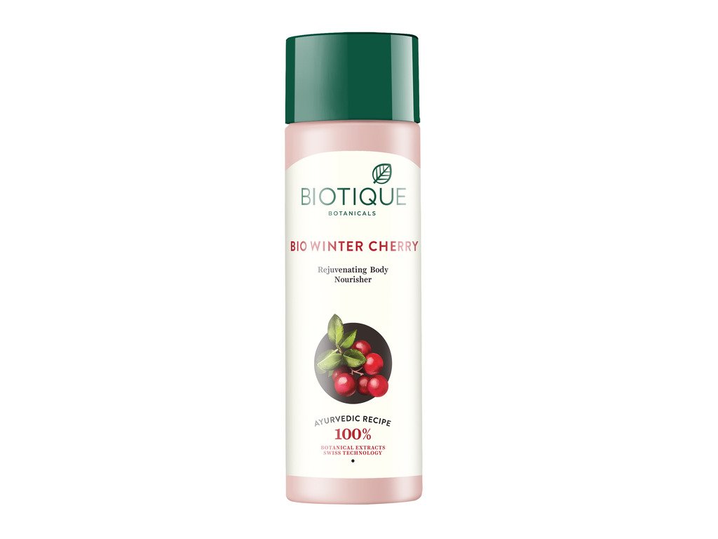 Front view of Biotique Winter Cherry body lotion bottle