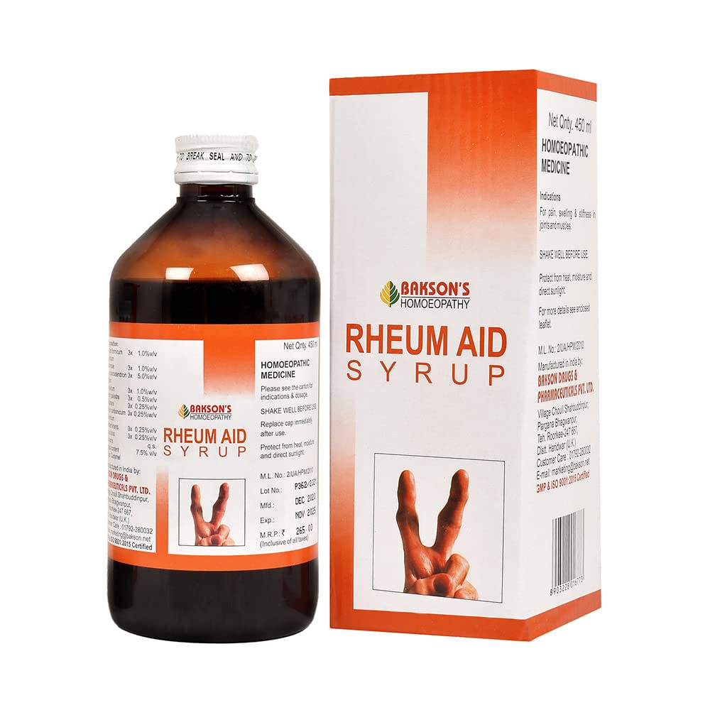 Front view of Bakson's Rheum Aid Syrup 450 ml bottle