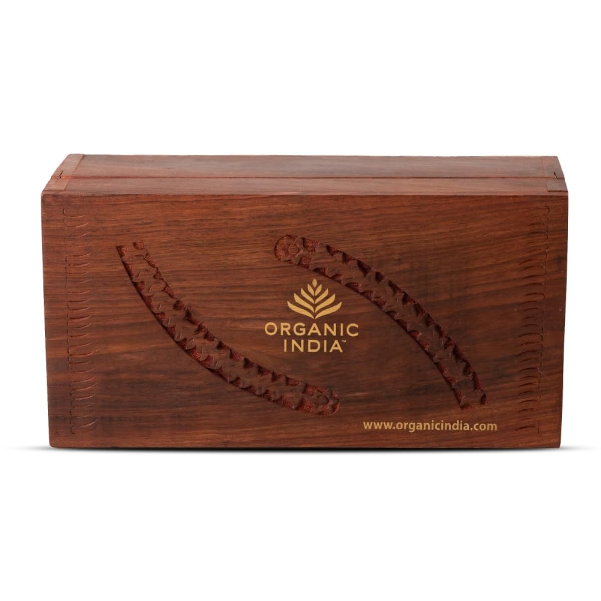 Assorted Organic India tulsi teabags arranged in wooden tea gift box