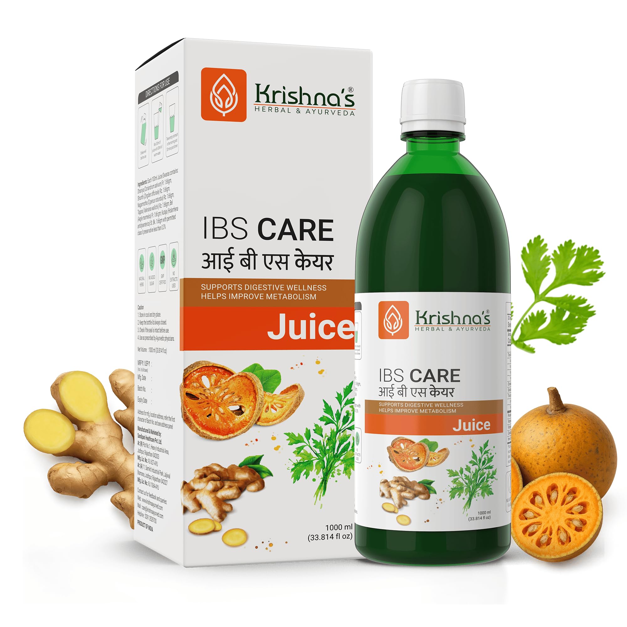 Front label of KRISHNA'S HERBAL & AYURVEDA IBS Care Juice bottle