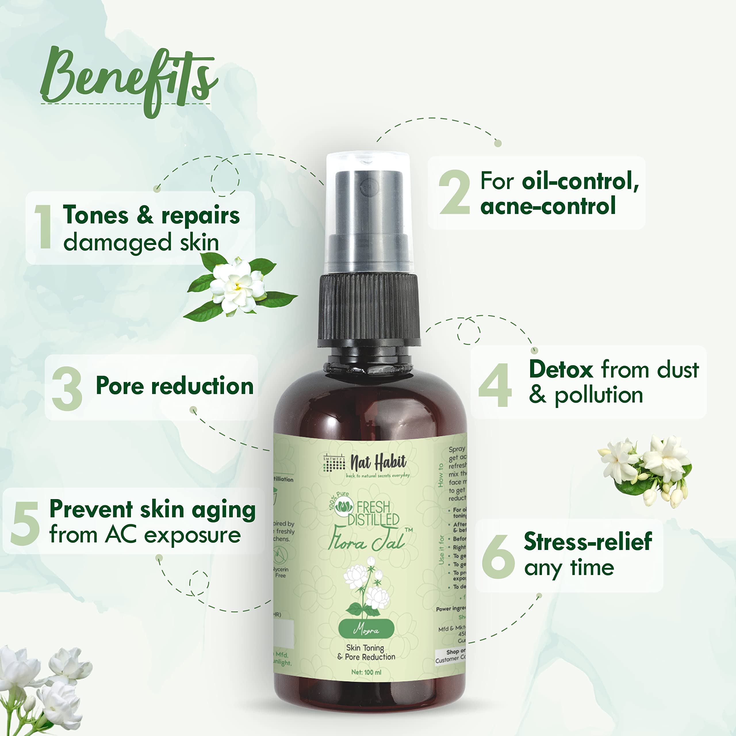 Nat Habit - 100% Pure Mogra Jal - Mogra Water - Toner, Face-Mist, Astringent & Face, Spray-Ayurvedic Steam-Distilled For Oil-Control, Acne-Control, Skin Hydration (Pack of 1, 100 ml) – view 3
