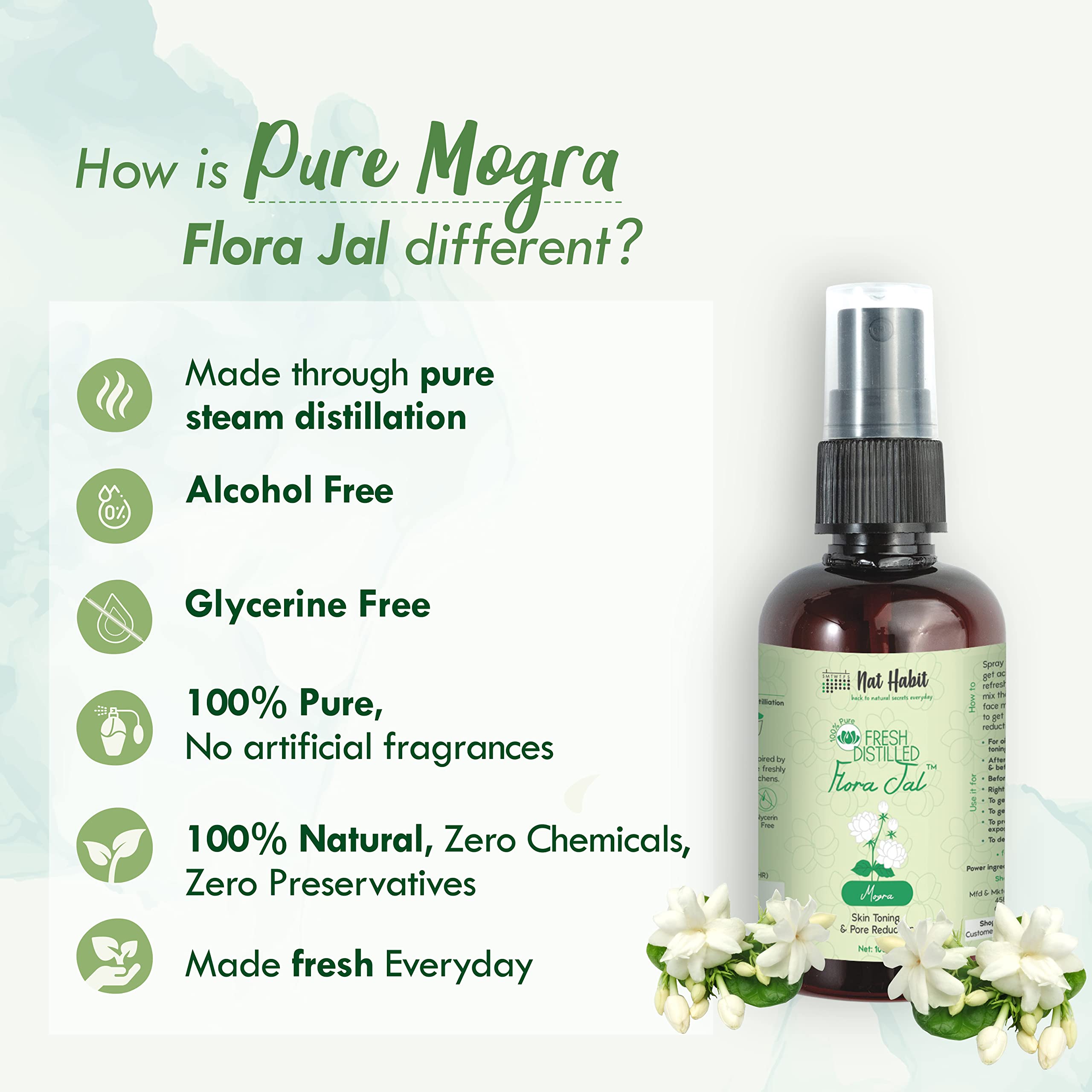 Nat Habit - 100% Pure Mogra Jal - Mogra Water - Toner, Face-Mist, Astringent & Face, Spray-Ayurvedic Steam-Distilled For Oil-Control, Acne-Control, Skin Hydration (Pack of 1, 100 ml) – view 4