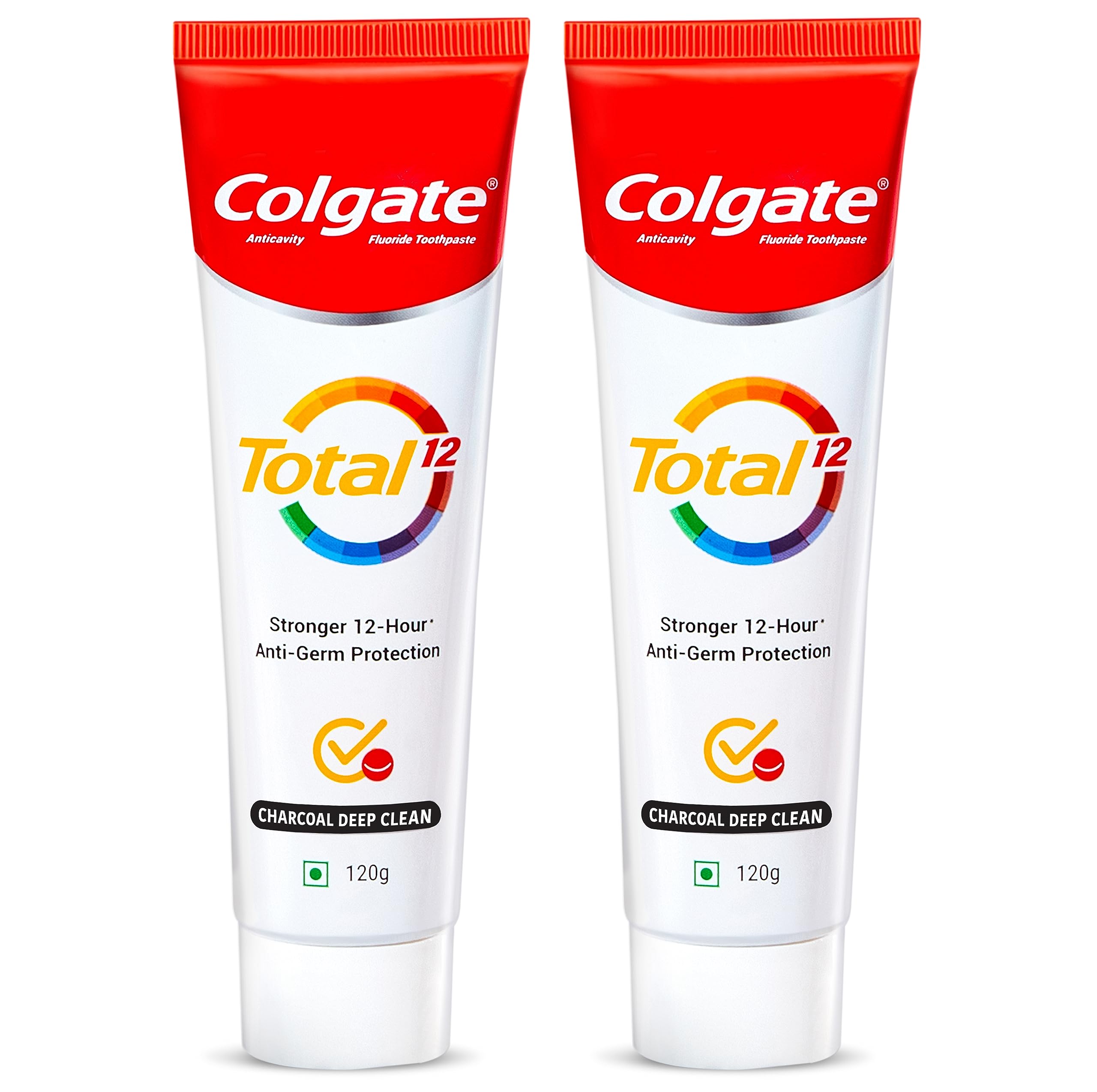 Two Colgate Total charcoal toothpaste tubes in 120g saver pack