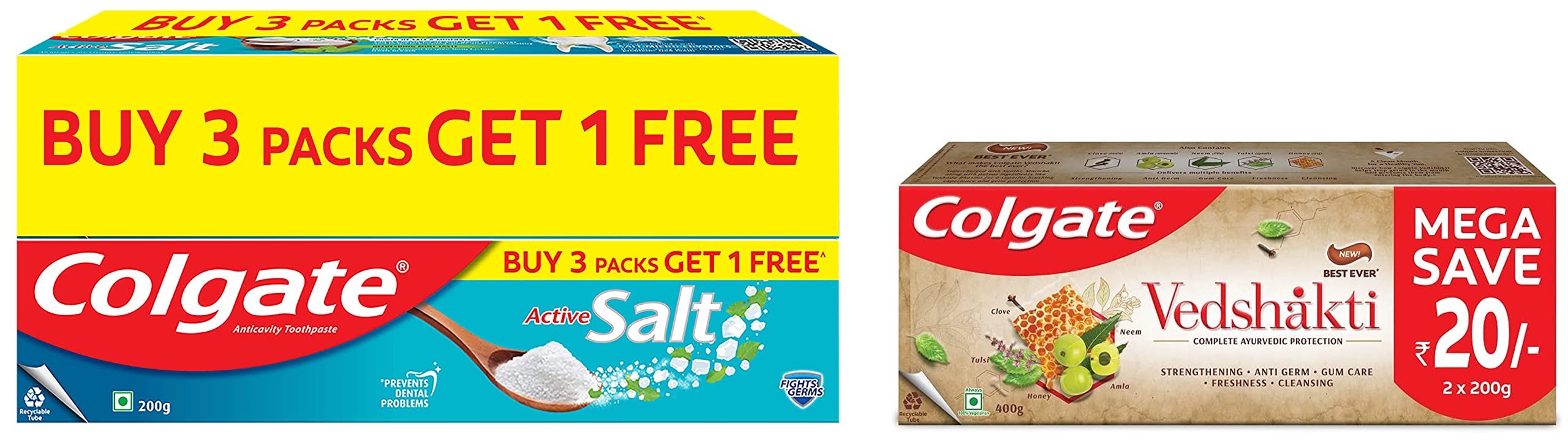 Colgate toothpaste combo with Active Salt and Vedshakti tubes