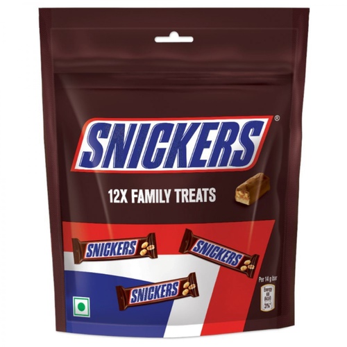 Snickers peanut chocolate family treat multipack pouch with four packs