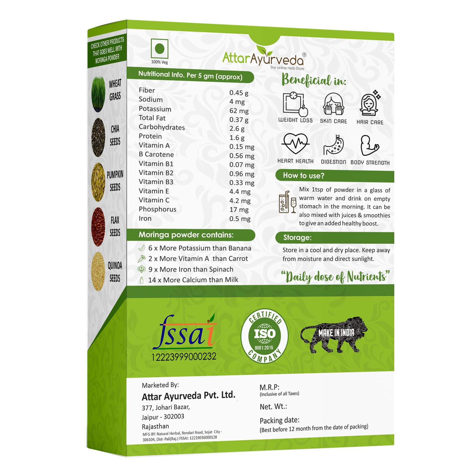 Attar Ayurveda Pure Moringa Leaf Powder for Weight Loss -400 Grams – view 2