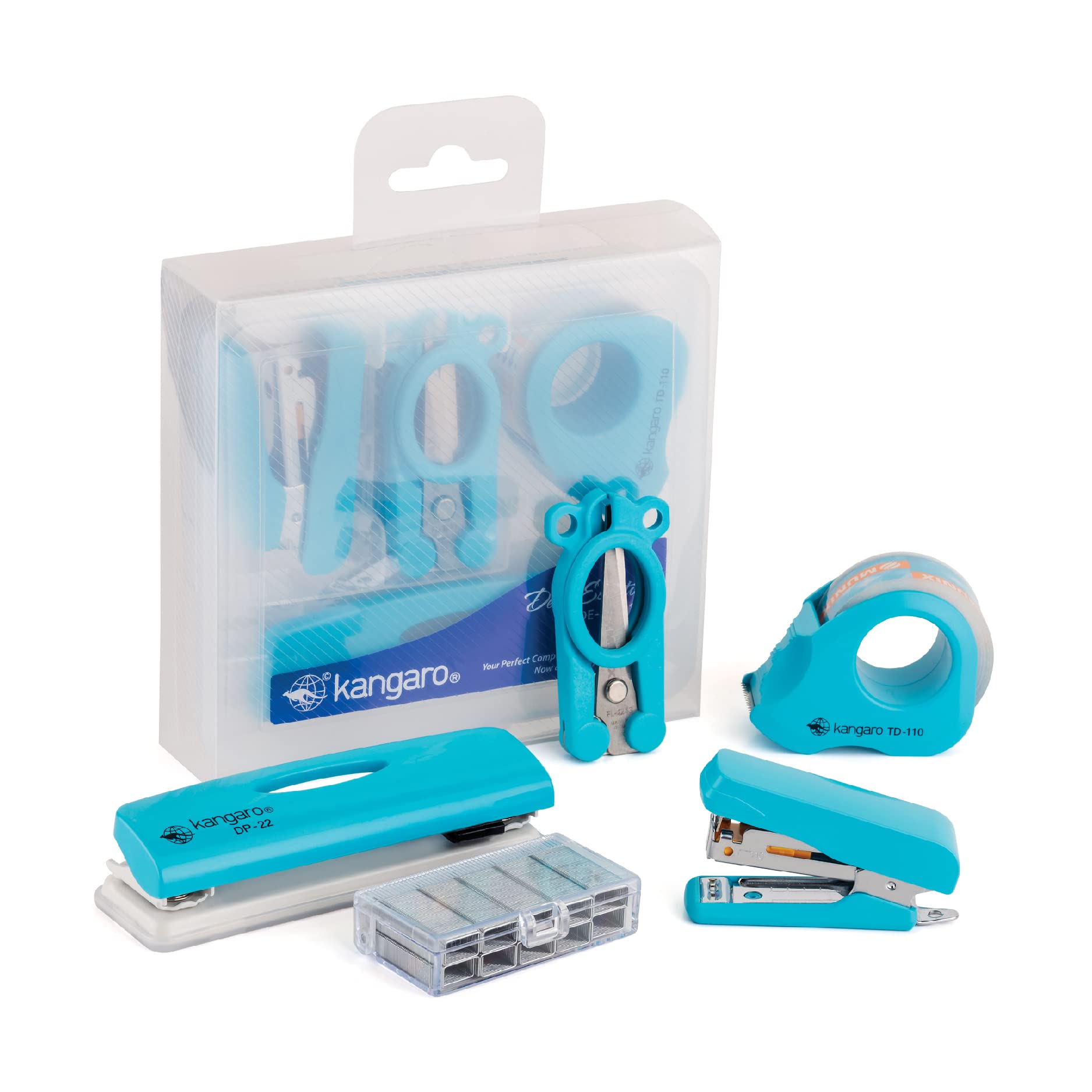 Compact blue stapler and office tools combo set