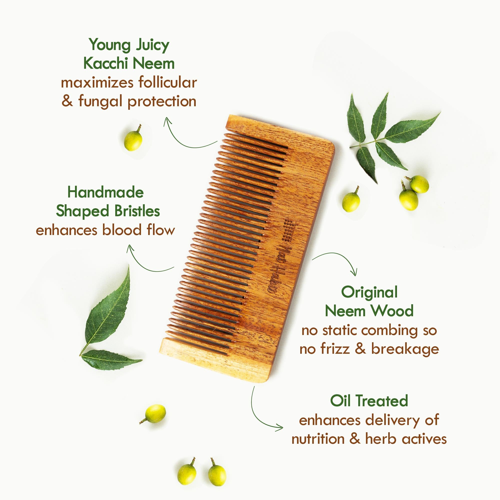 Nat Habit Kacchi Neem Wooden Comb, Soaked In 13 Herbs, Neem & Sesame Oil For Men & Women Daily Styling & Detangling (Fine Tooth Small Size) Pack of 1 – view 3