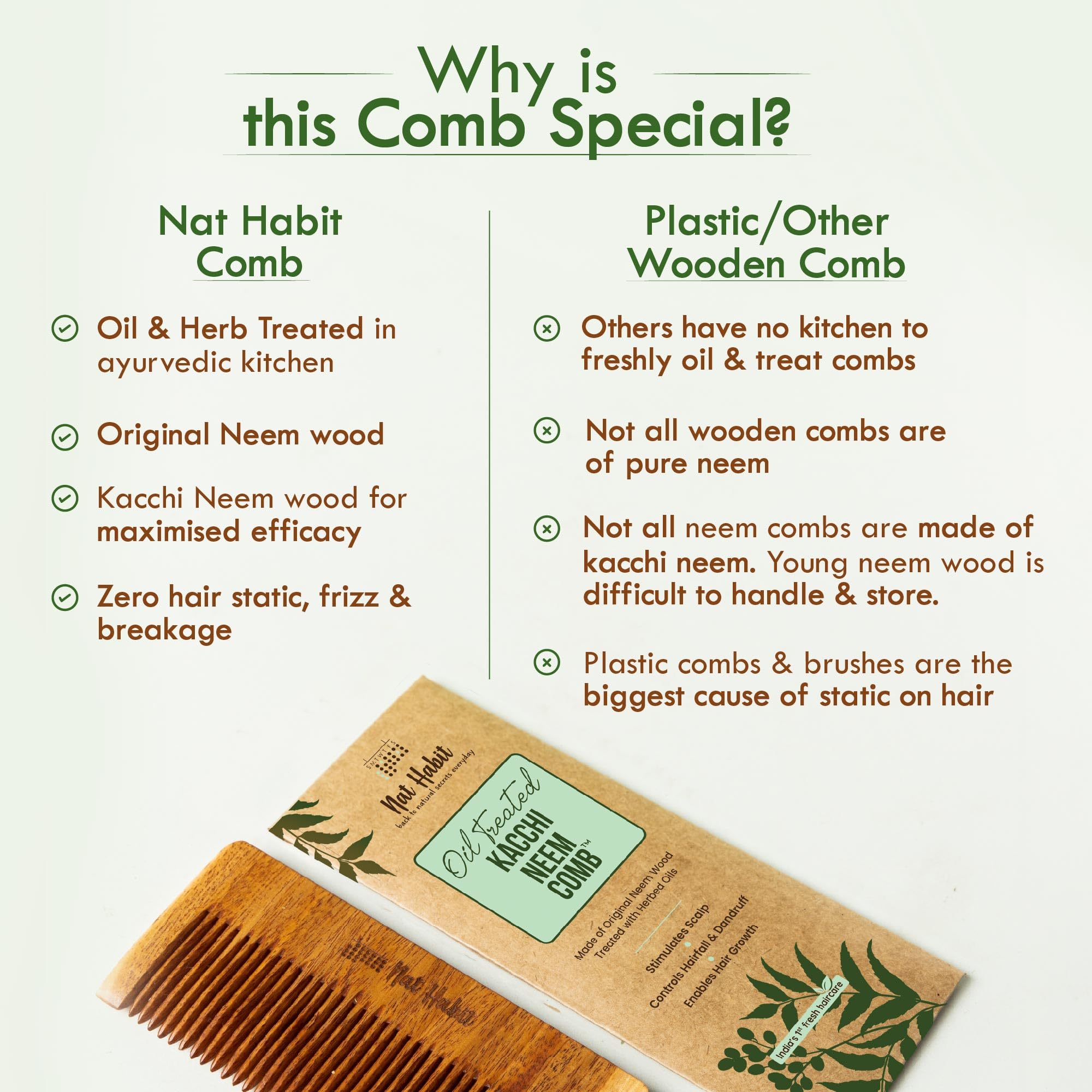 Nat Habit Kacchi Neem Wooden Comb, Soaked In 13 Herbs, Neem & Sesame Oil For Men & Women Daily Styling & Detangling (Fine Tooth Small Size) Pack of 1 – view 6
