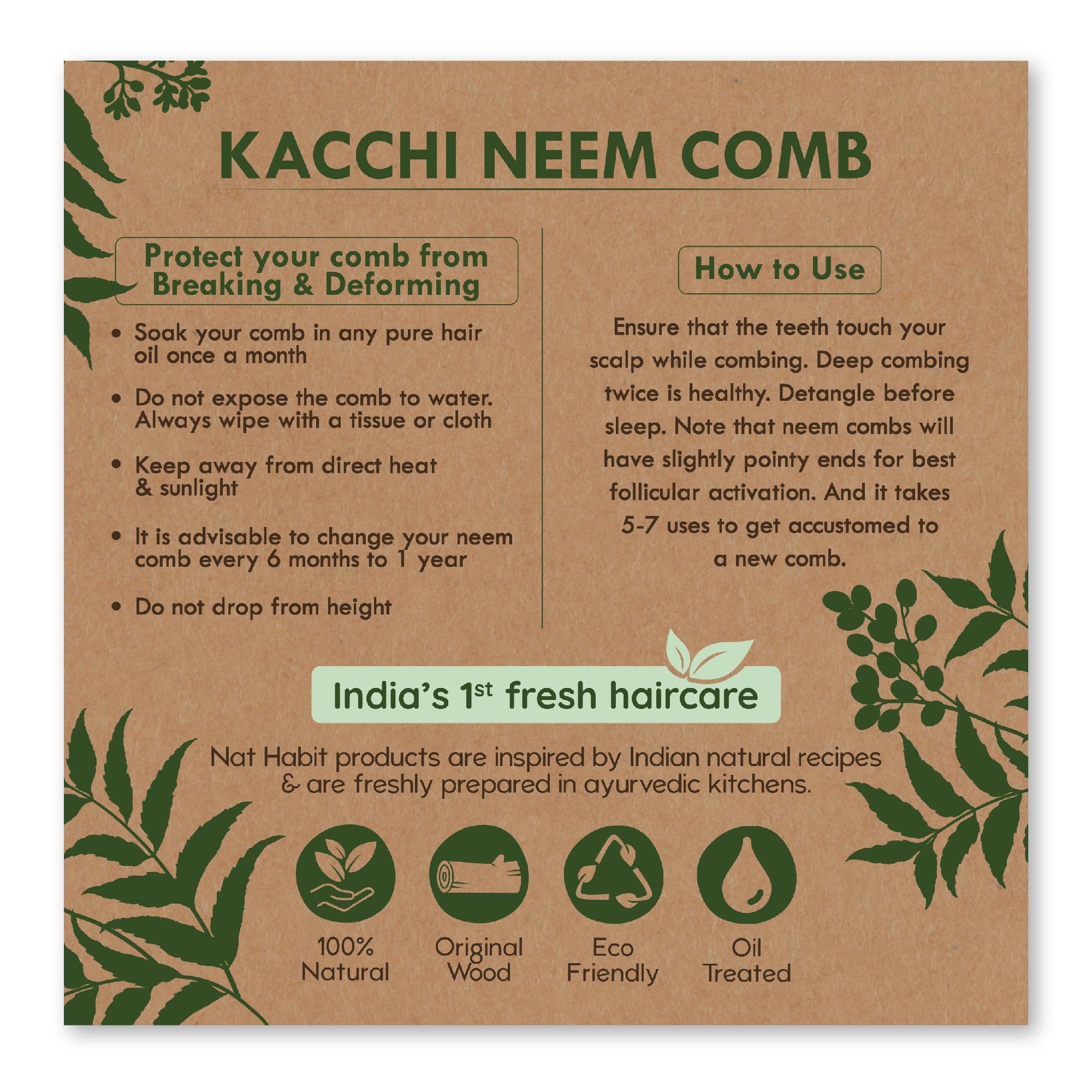 Nat Habit Kacchi Neem Wooden Comb, Soaked In 13 Herbs, Neem & Sesame Oil For Men & Women Daily Styling & Detangling (Fine Tooth Small Size) Pack of 1 – view 7