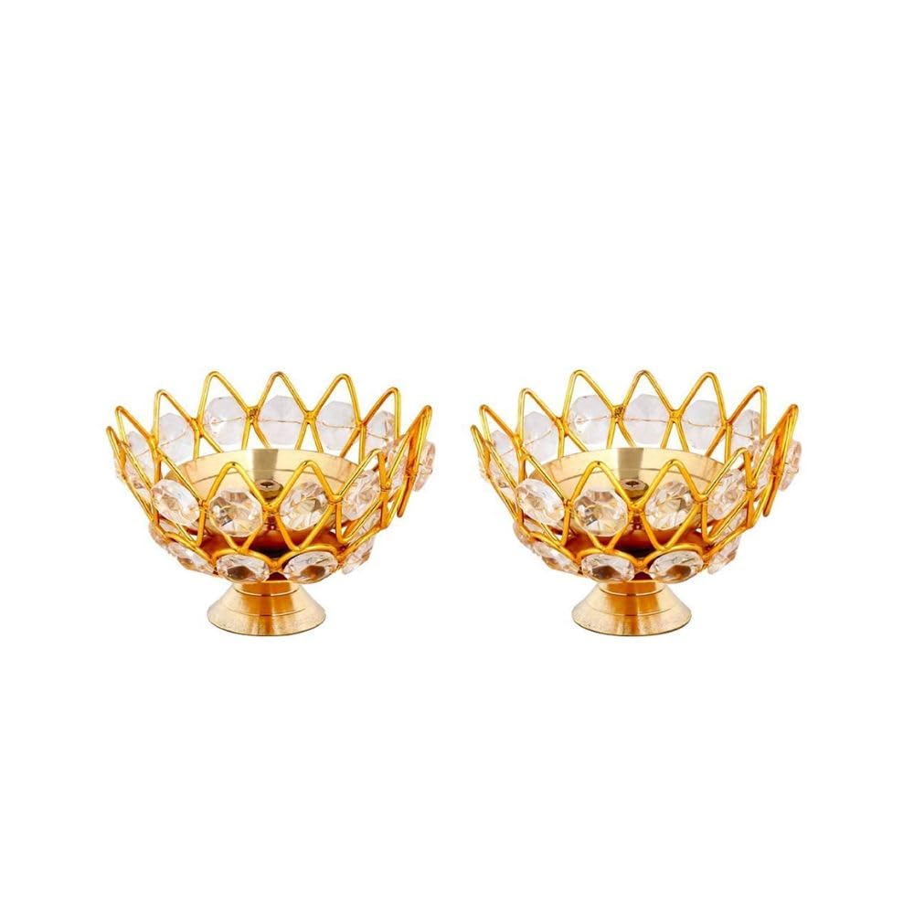 Collectible India Diwali Diya Crystal Round Akhand Diya for Puja Brass Small Kamal Deep Jyoti Oil Lamp for Home Temple Pooja Decor Gifts Pack of 4 – view 4