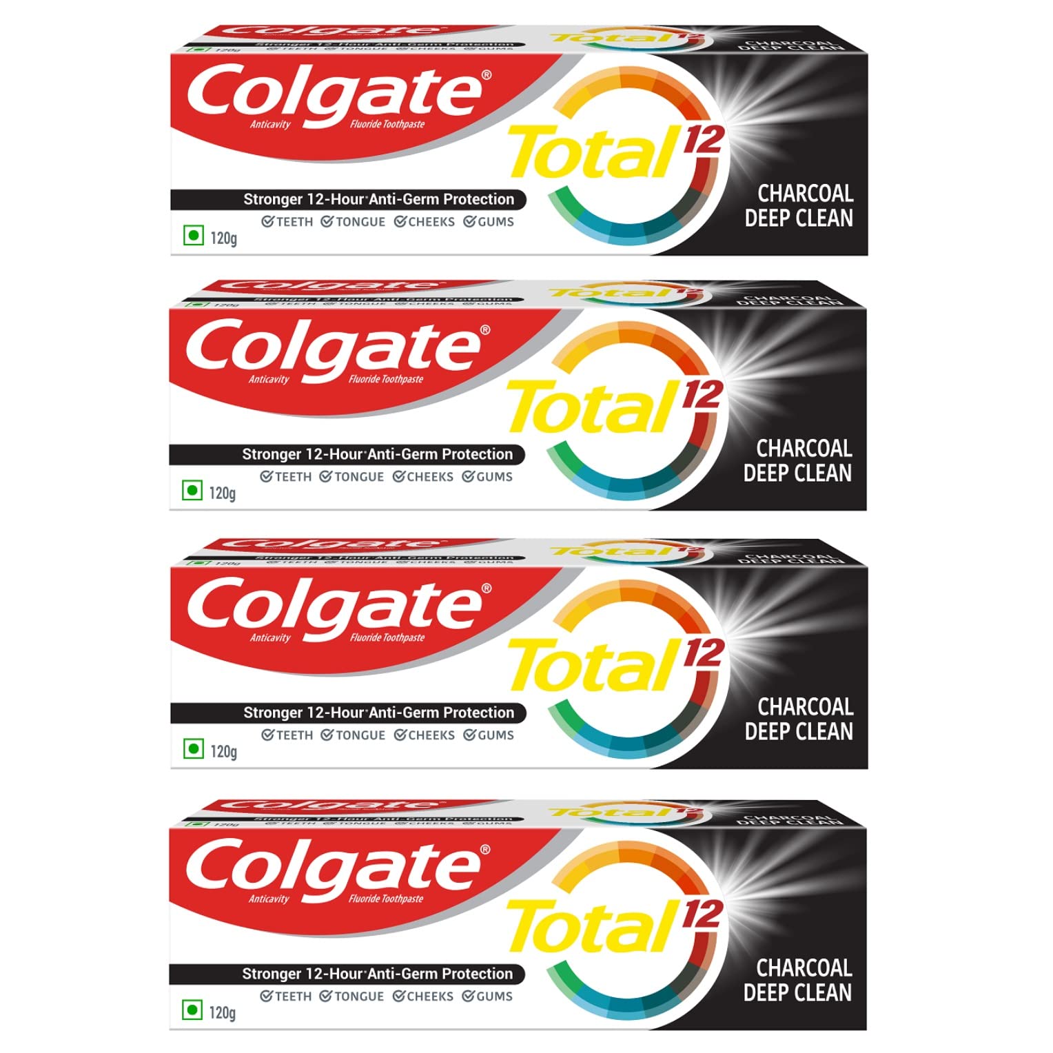 Four Colgate Total charcoal toothpaste tubes for whole-mouth daily care