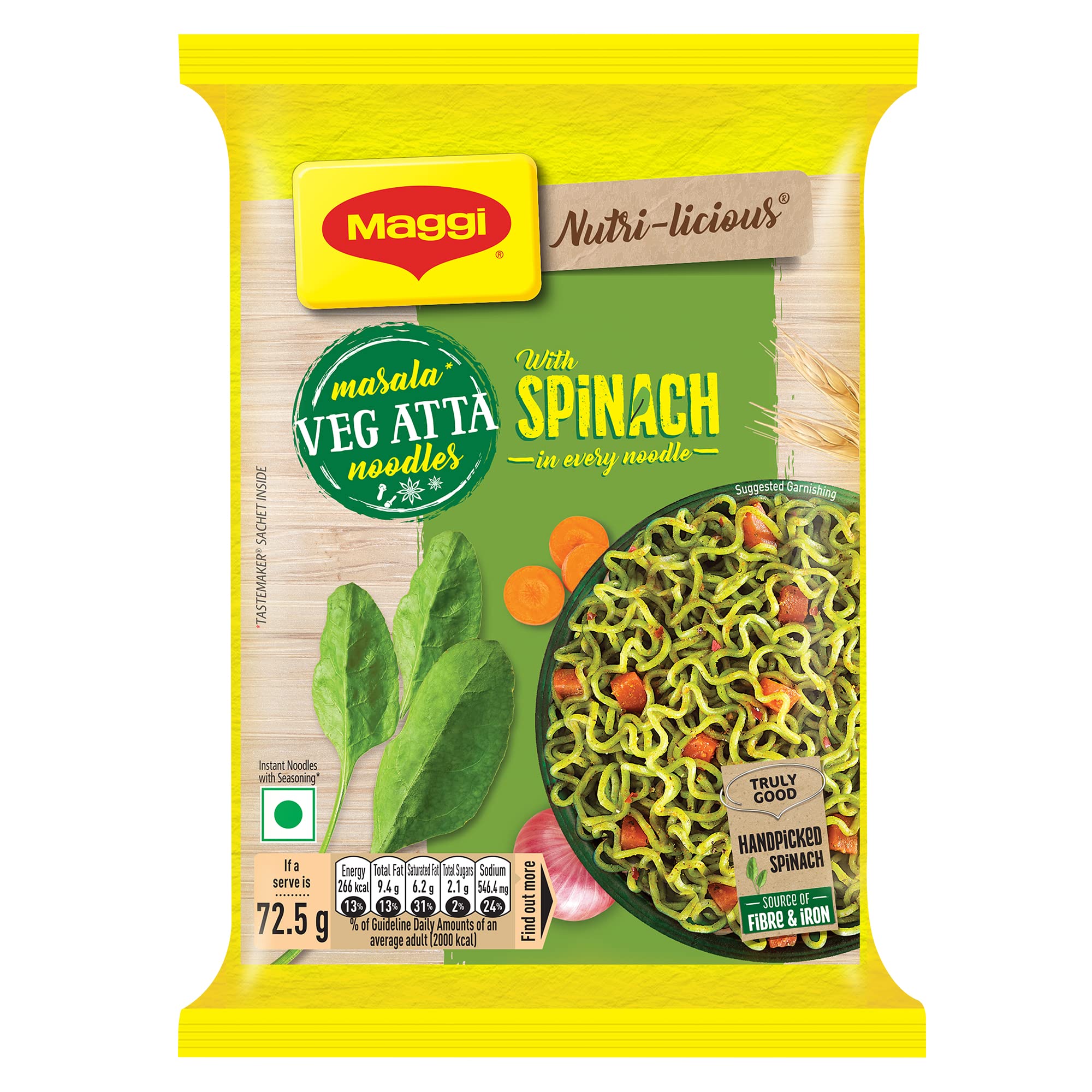 MAGGI spinach atta noodles pouch with masala veg flavor