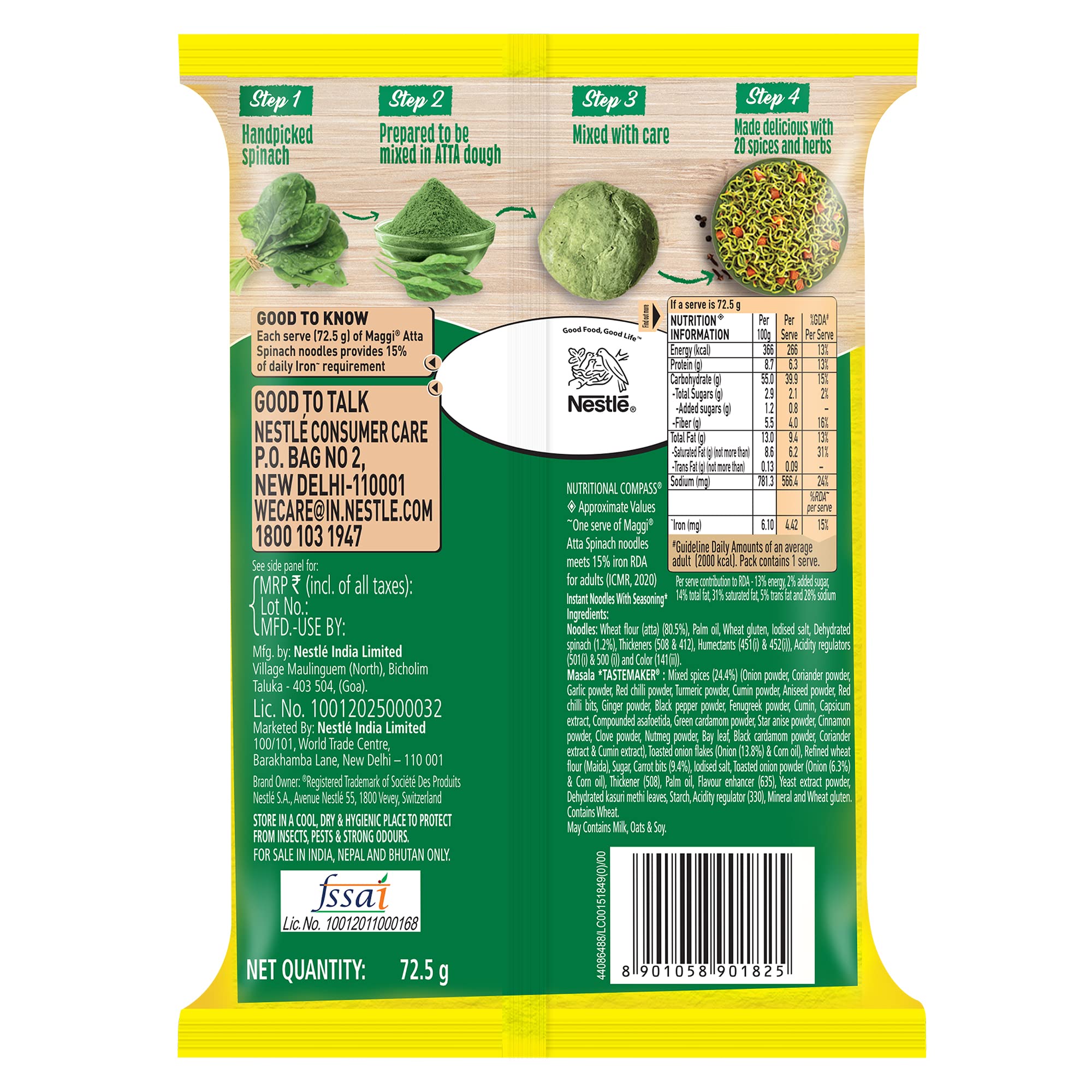 MAGGI Nutri-Licious Masala Veg Atta Noodles With Spinach In Every Noodle, 72.5 Grams (Pouch) – view 2