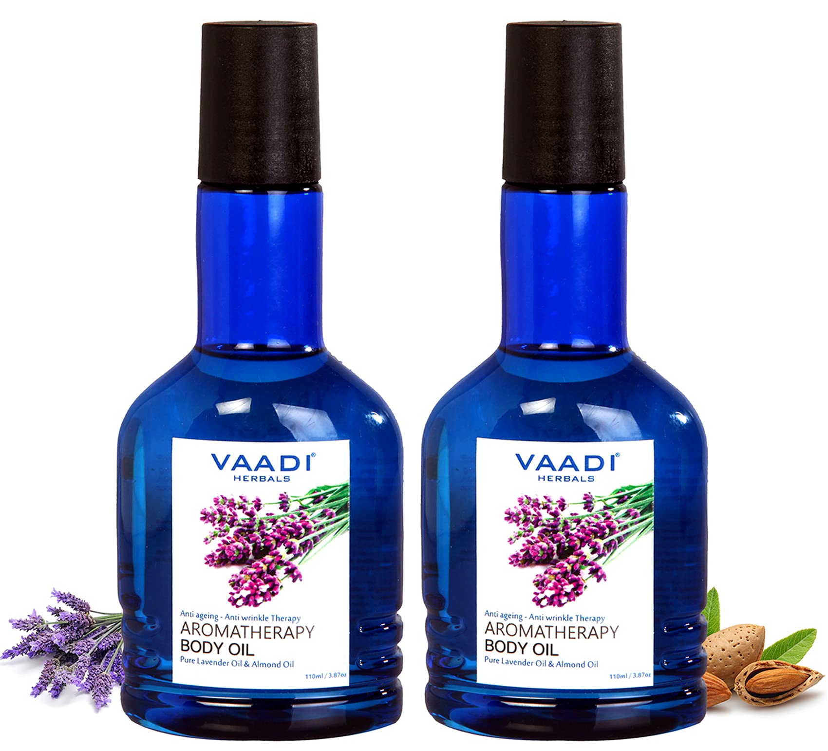 Two bottles of lavender almond aromatherapy body oil