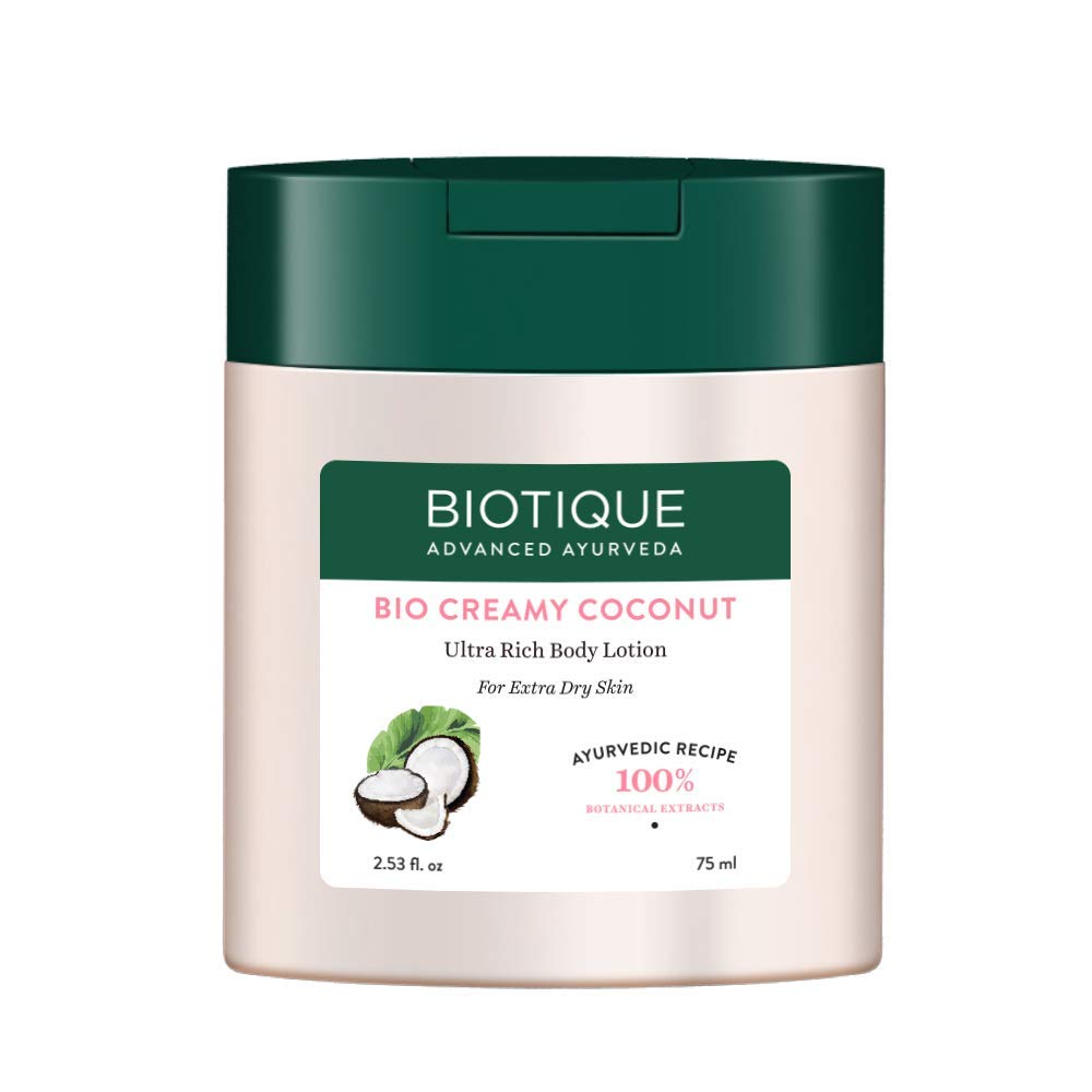 Front pack of Biotique coconut body lotion 75 ml bottle