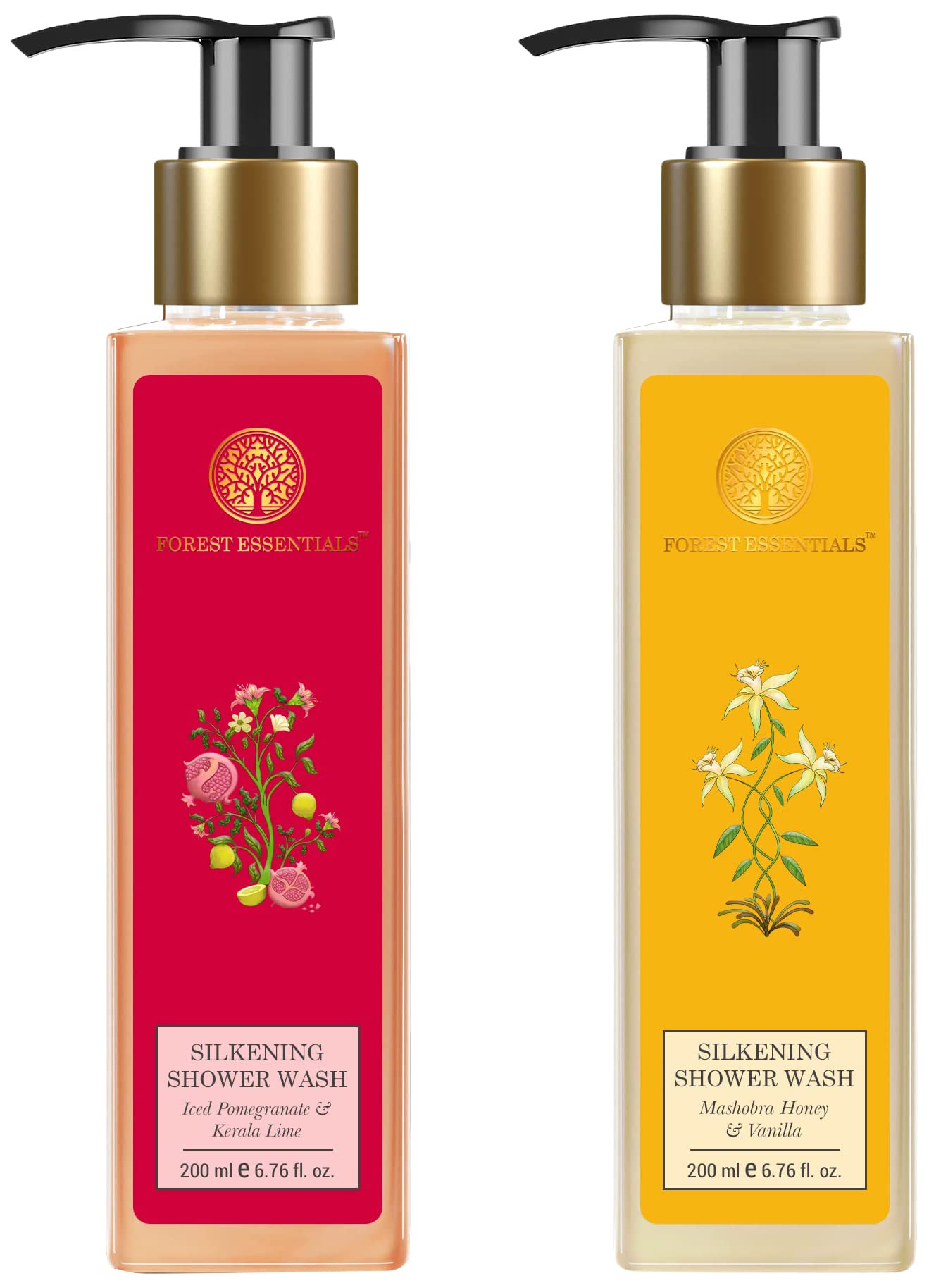 Lightly scented Forest Essentials body wash in citrus and honey vanilla variants