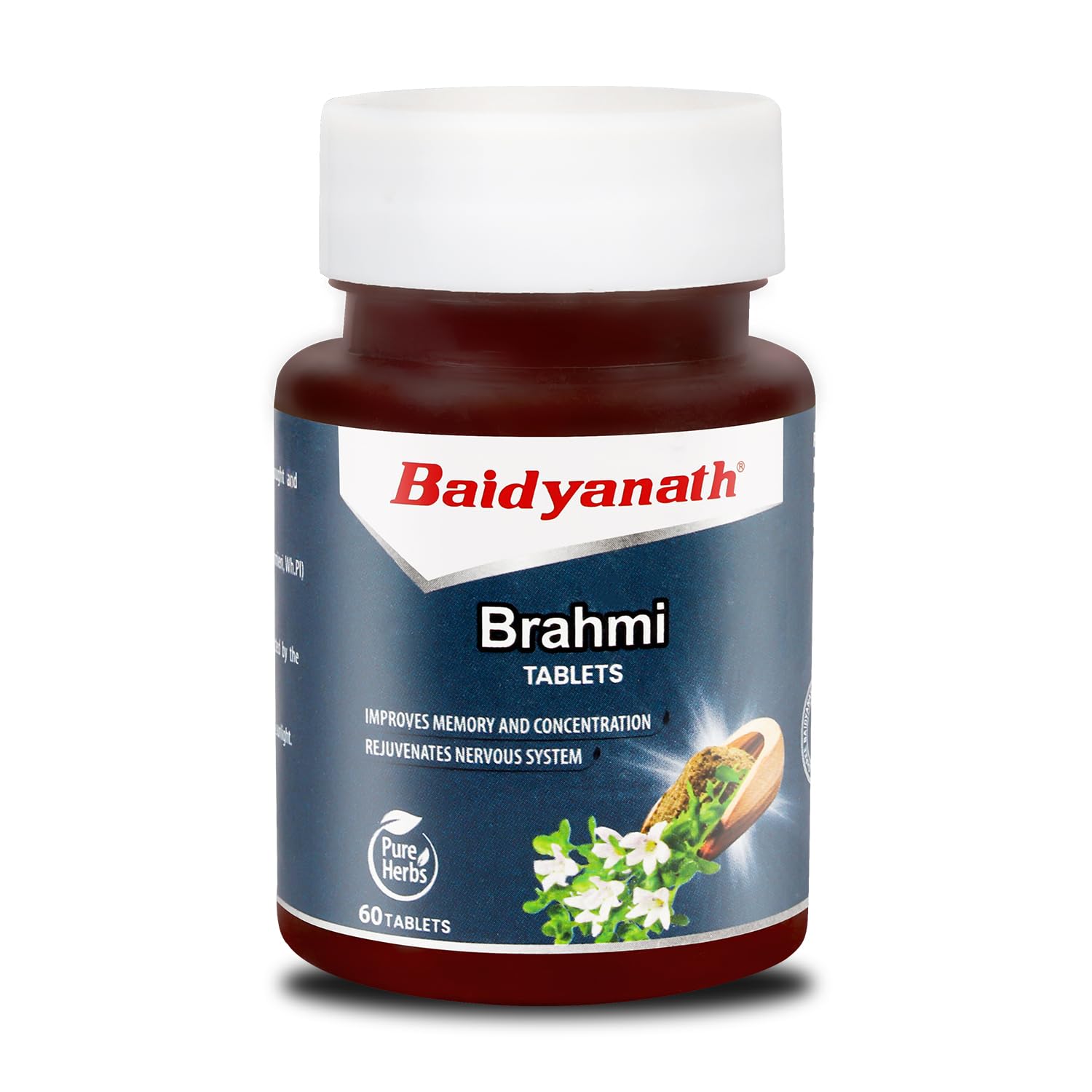 Front view bottle of Baidyanath Ayurved Brahmi Tablets, 60-count