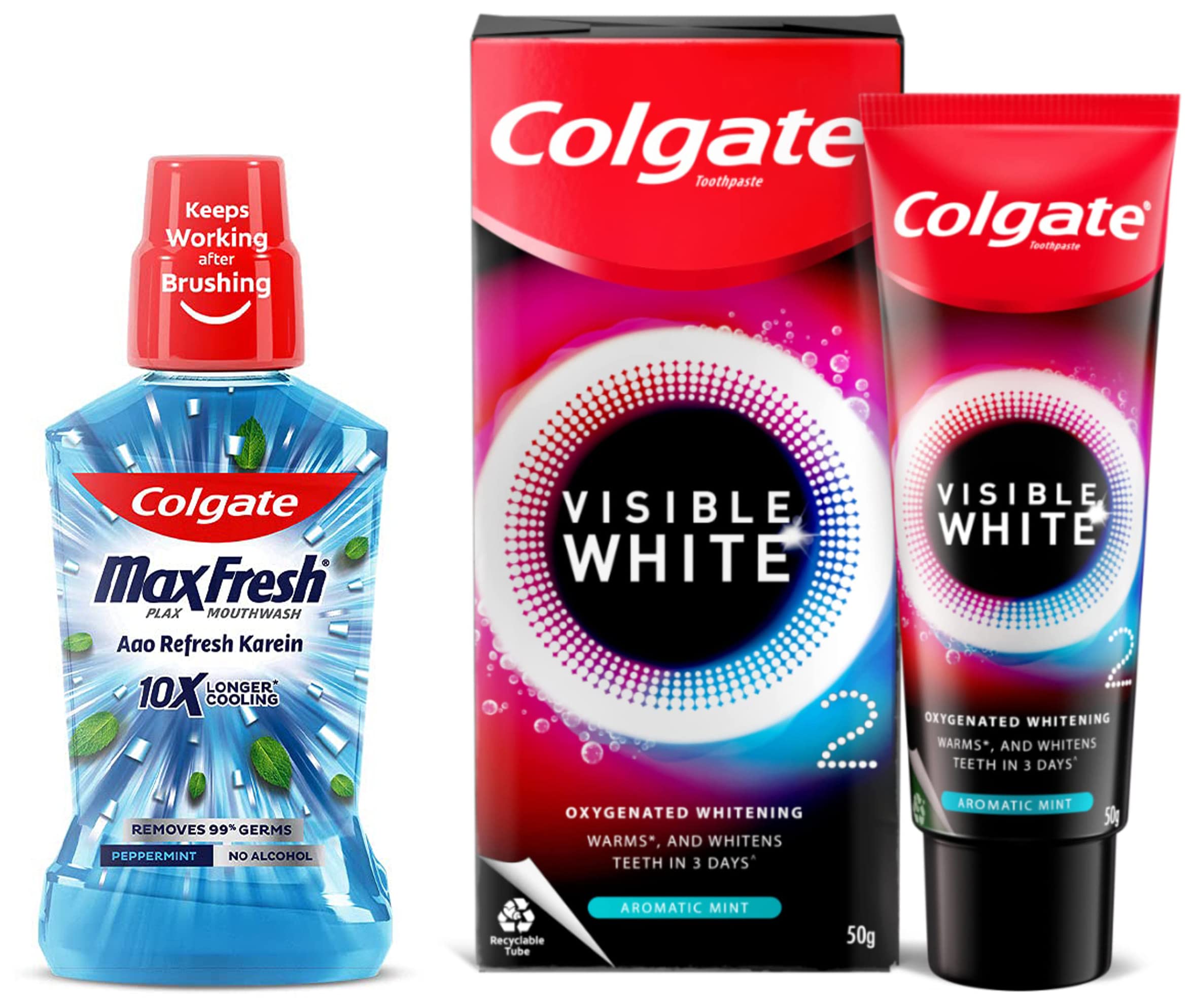 Colgate Plax mouthwash with Visible White O2 toothpaste set