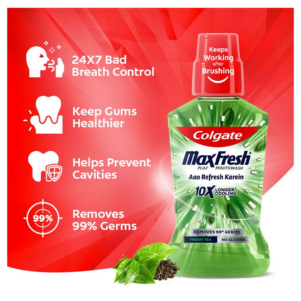 Colgate Maxfresh Plax Antibacterial Mouthwash, 99% Germ Removal, 24/7 Fresh Breath - 1000ml (Pack of 250ml X4), (Fresh Tea) – view 8
