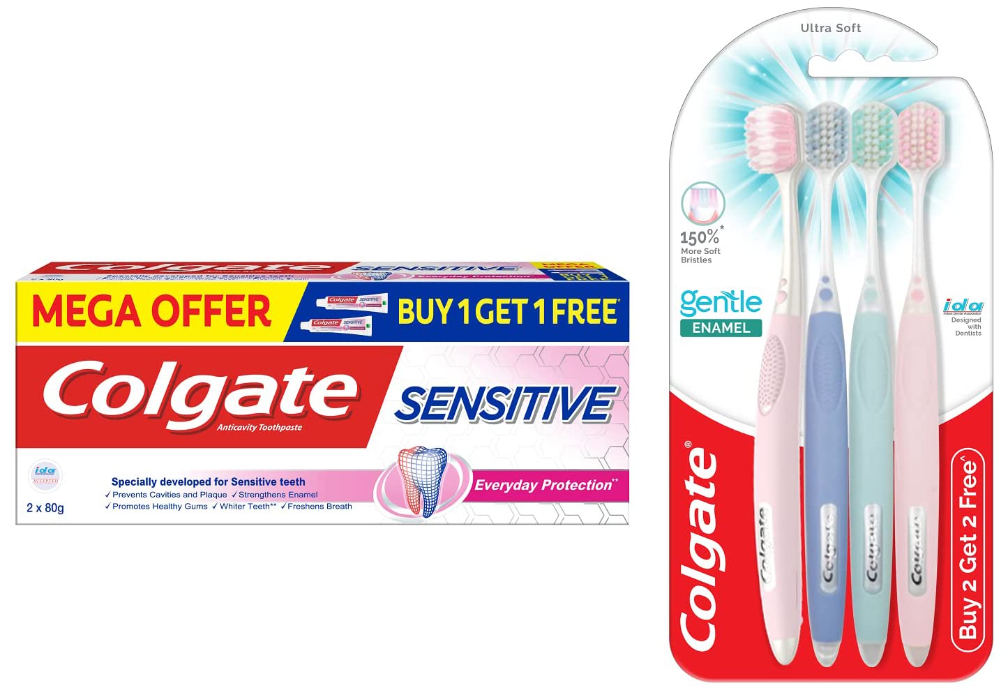 Four Colgate manual toothbrushes with twin sensitive toothpaste tubes