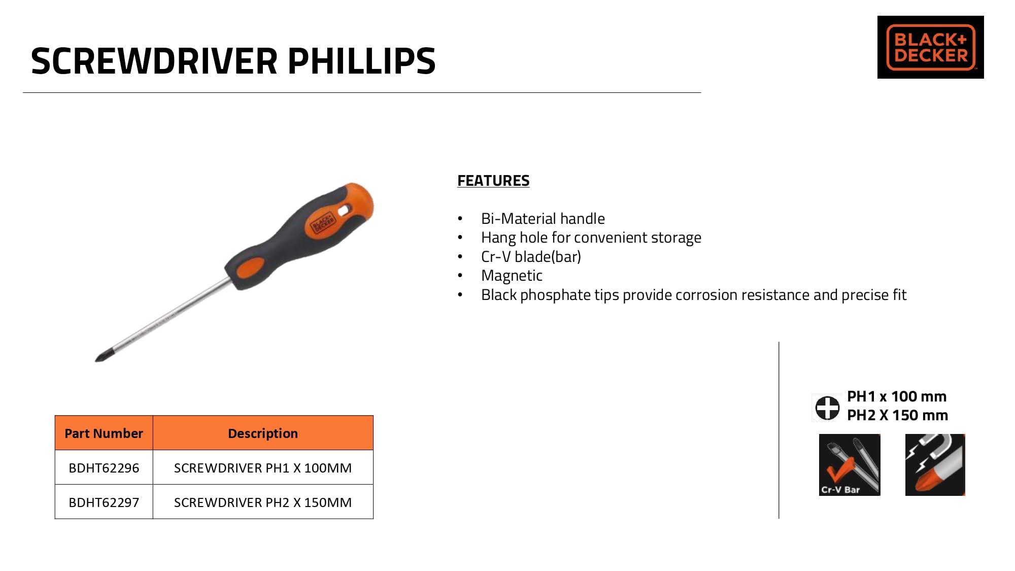 BLACK+DECKER BDHT62296 Steel Screwdriver-PH1x100mm (Orange) – view 5