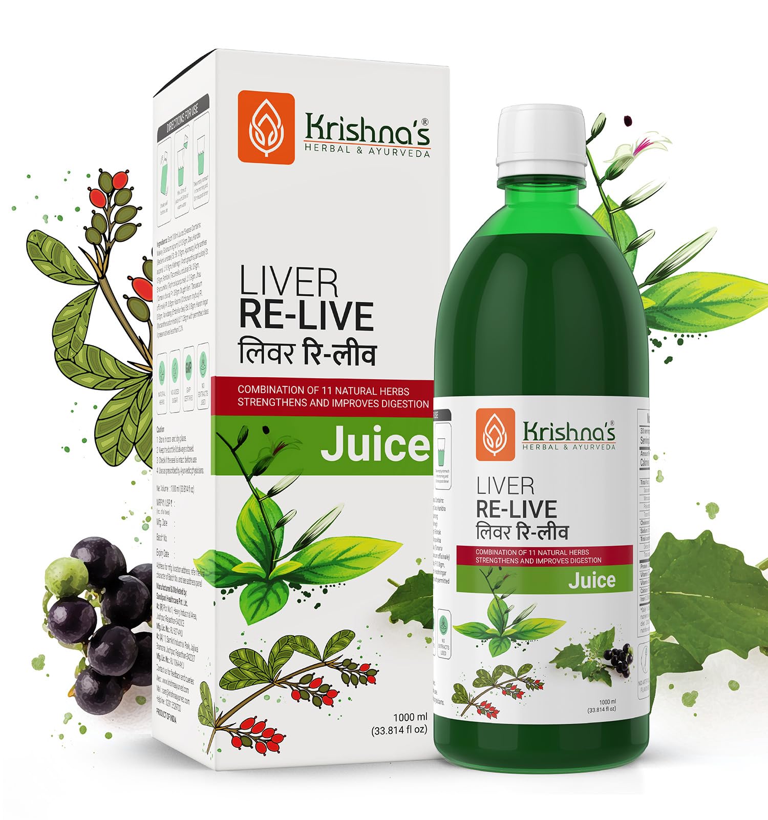 KRISHNA'S HERBAL & AYURVEDA Liver Re-Live Juice 1000 ml | Healthy Liver | Strengthens the digestive system | Goodness of 11 powerful herbs like Makoy, Harshringar, Daru Haridra | Sugar free Juice