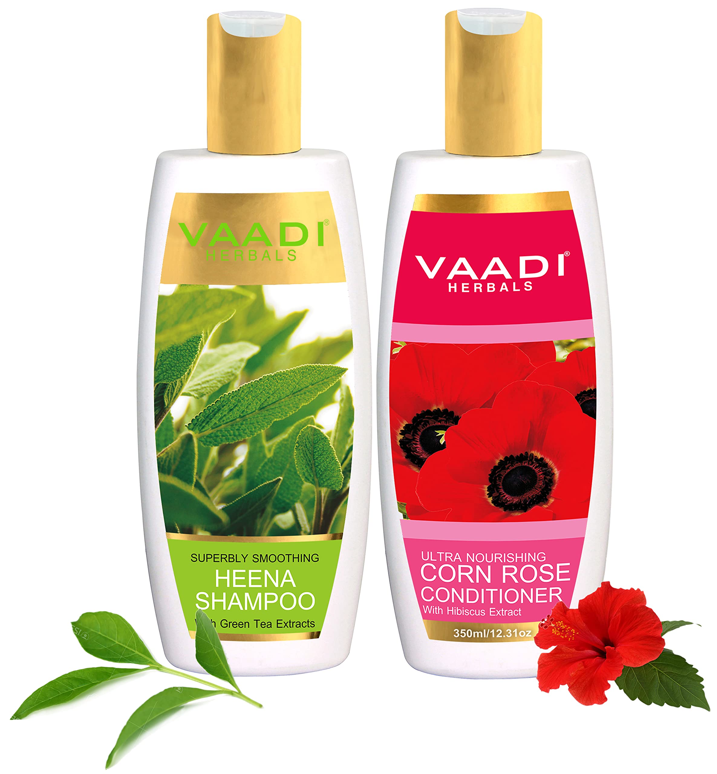 Rose-scented heena shampoo with corn rose conditioner bottles