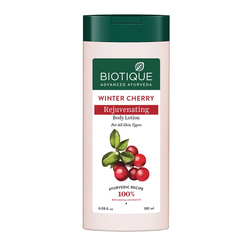 Biotique body lotion bottle with Winter Cherry branding, 180 ml