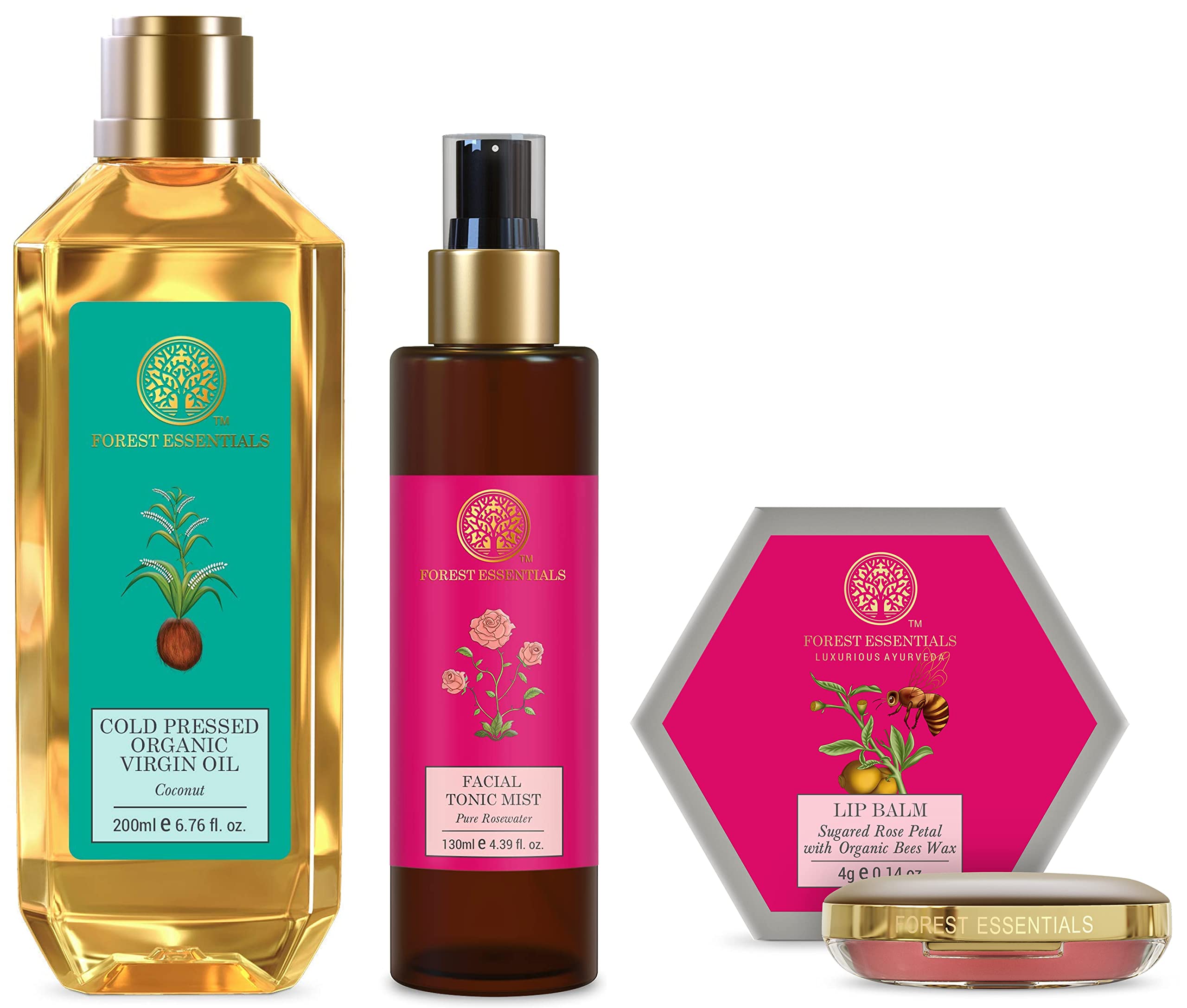 Forest Essentials rosewater toner, coconut oil and lip balm set