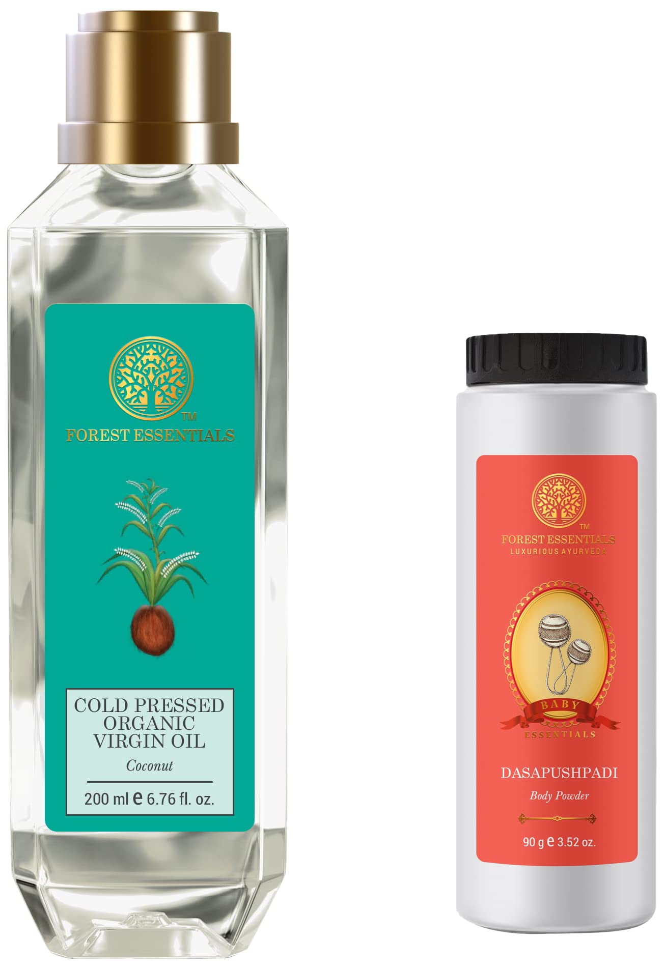 Forest Essentials virgin coconut oil with Dasapushpadi baby powder