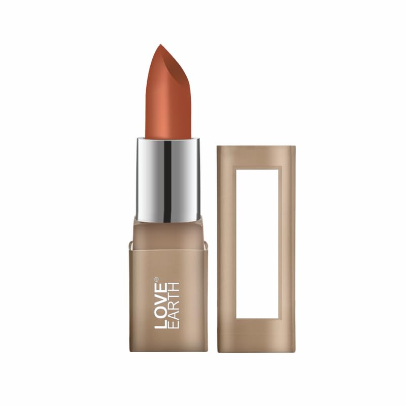 Caramel satin matte lipstick tube by Love Earth in warm brown