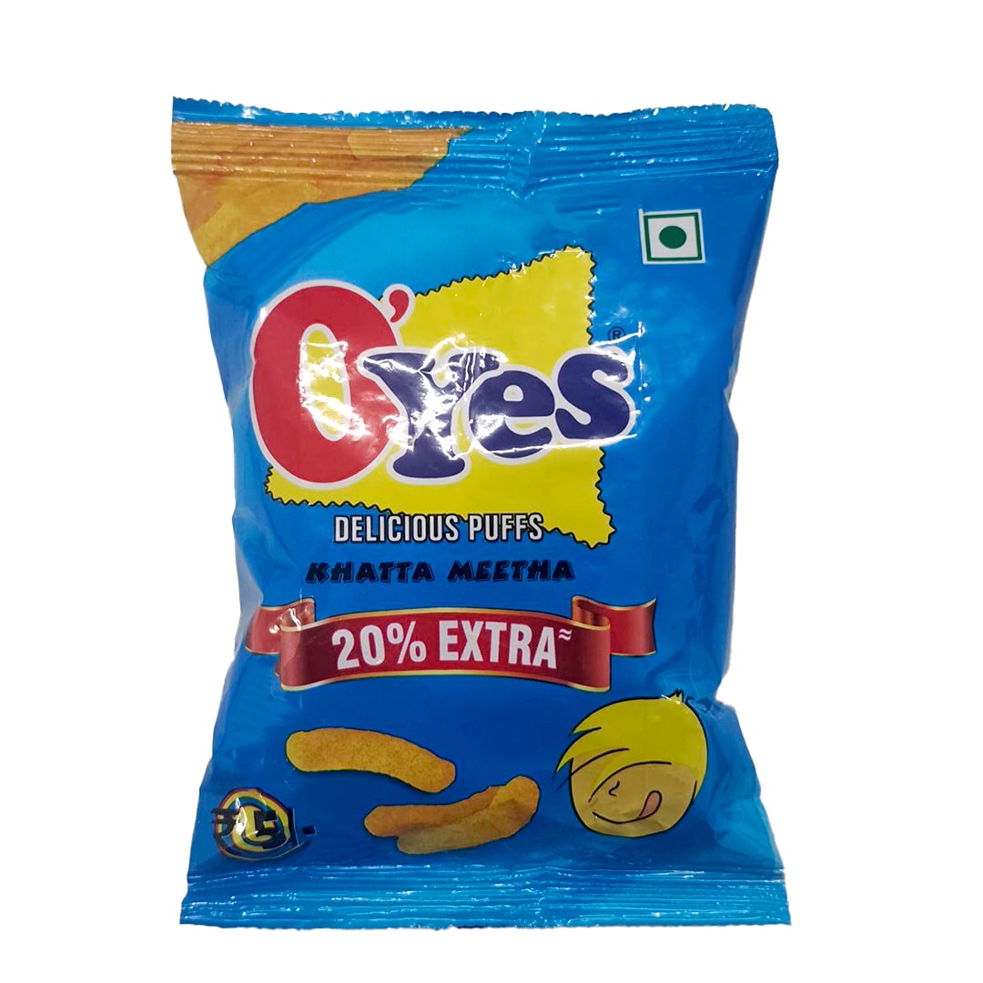 O'yes Delicious Puffs Khatta Meetha snack pack front view