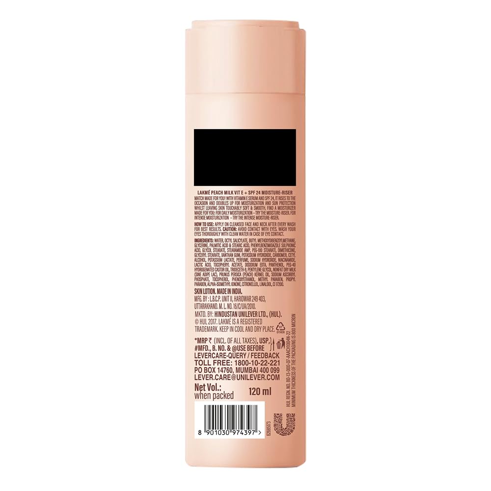 Lakme Peach Milk Moisturizer SPF 24 Sunscreen Lotion,Locks Moisture For 12 Hrs,Sun Protection,120 ml – view 2